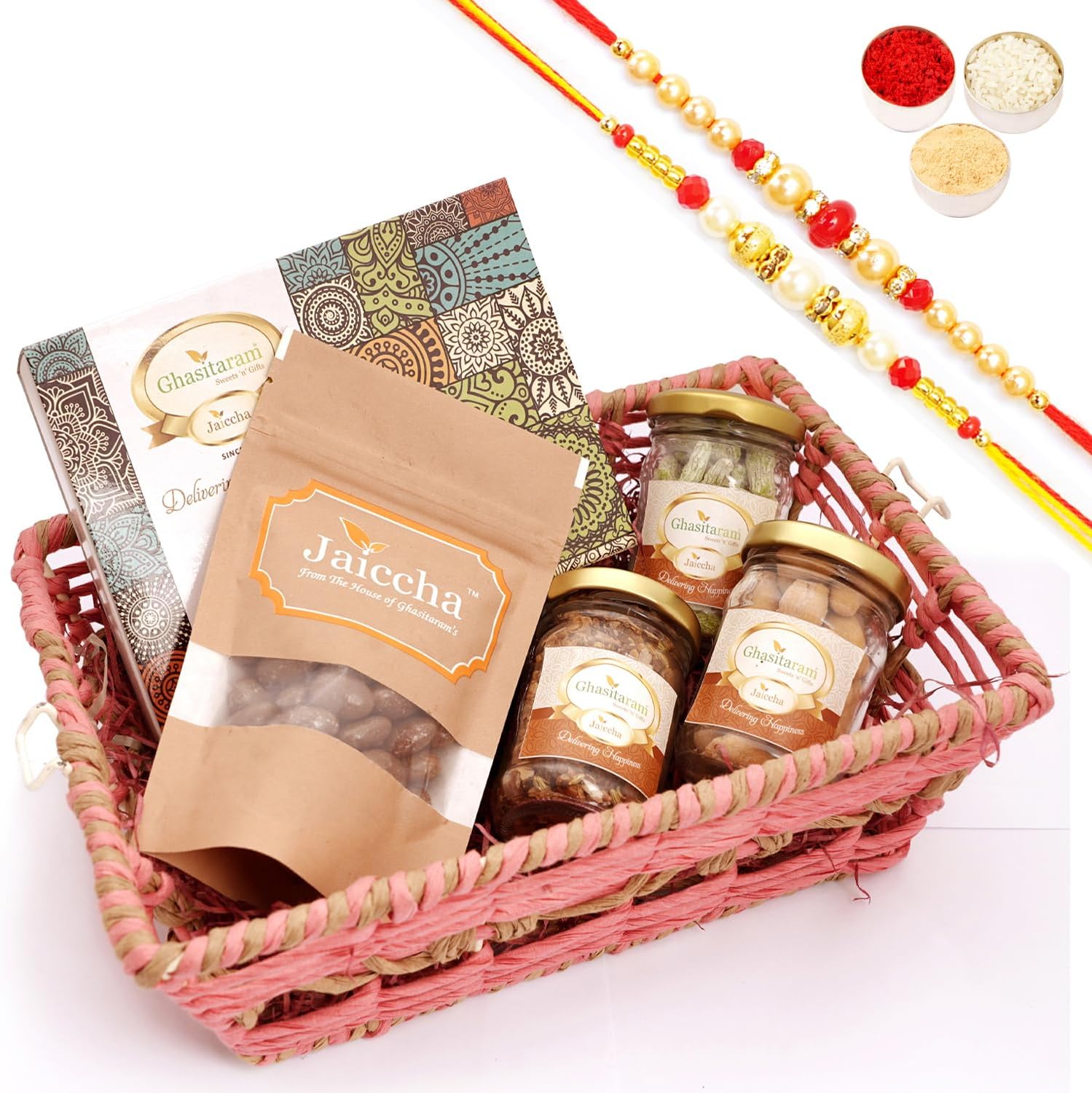 Ghasitaram Gifts Jaiccha Rakhi Gifts for Brothers - Pink Rectangle Jute Basket with Milk Cake with 2 Rakhis