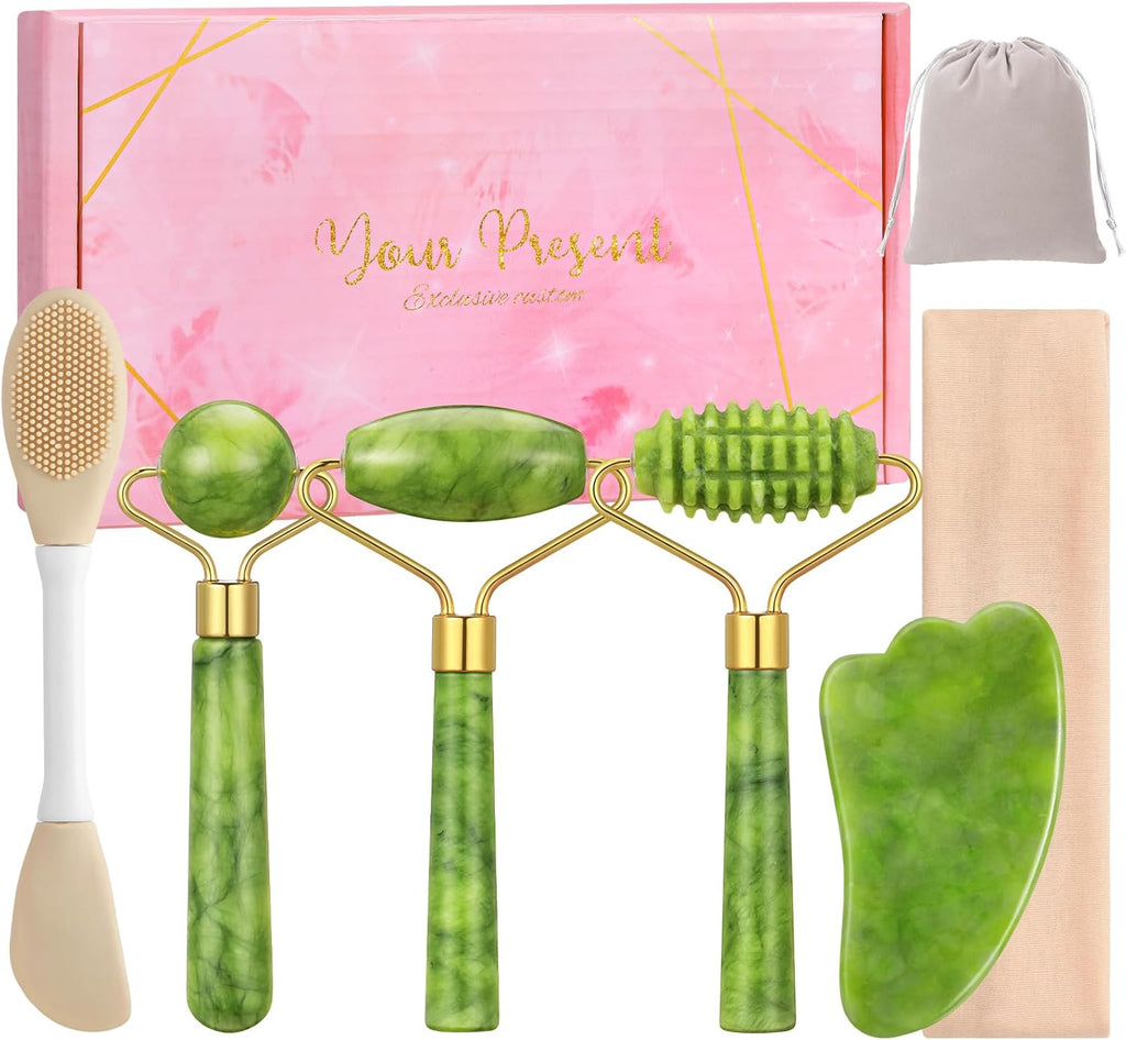 6Pcs Jade Roller for Face,Gua Sha Facial Tools for Women Natural Face Roller Massager Tool for Skincare, Makeup