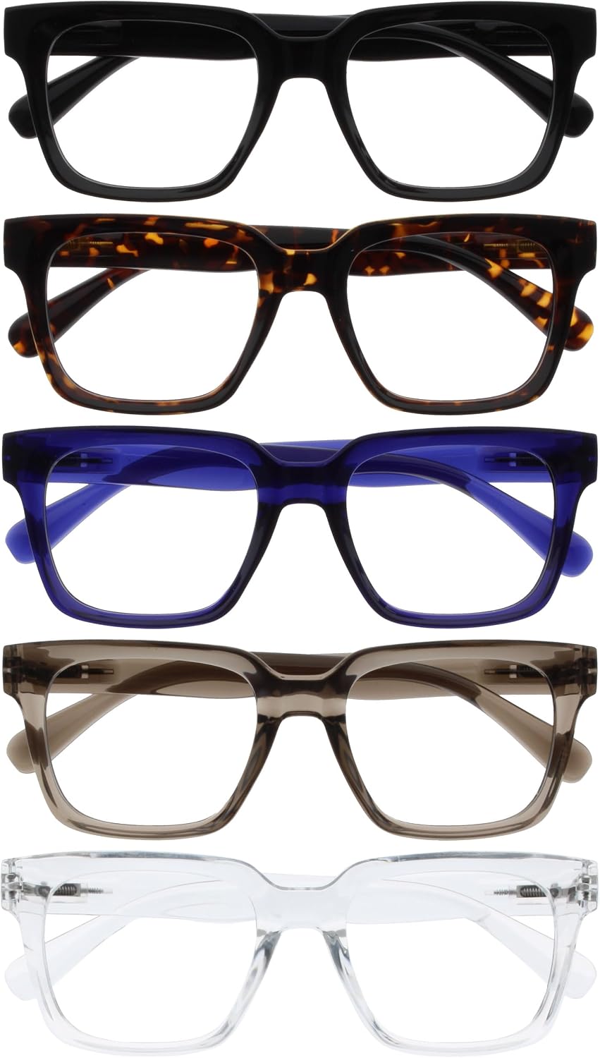 OPULIZE ERA Blue Light Blocking Reading Glasses for Women & Men-Anti-Reflective UV400-Oversized Frame-Computer Screen Glasses-Black Brown Blue Grey Clear+1.50(Pack 5 of with 5 Pouches)