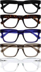 OPULIZE ERA Blue Light Blocking Reading Glasses for Women & Men-Anti-Reflective UV400-Oversized Frame-Computer Screen Glasses-Black Brown Blue Grey Clear+1.50(Pack 5 of with 5 Pouches)