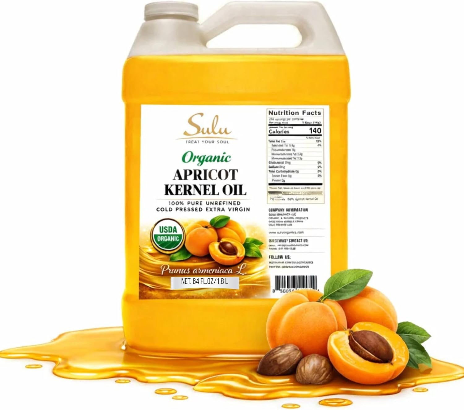 USDA Organic Cold Pressed Unrefined Apricot Kernel Oil (64 oz)