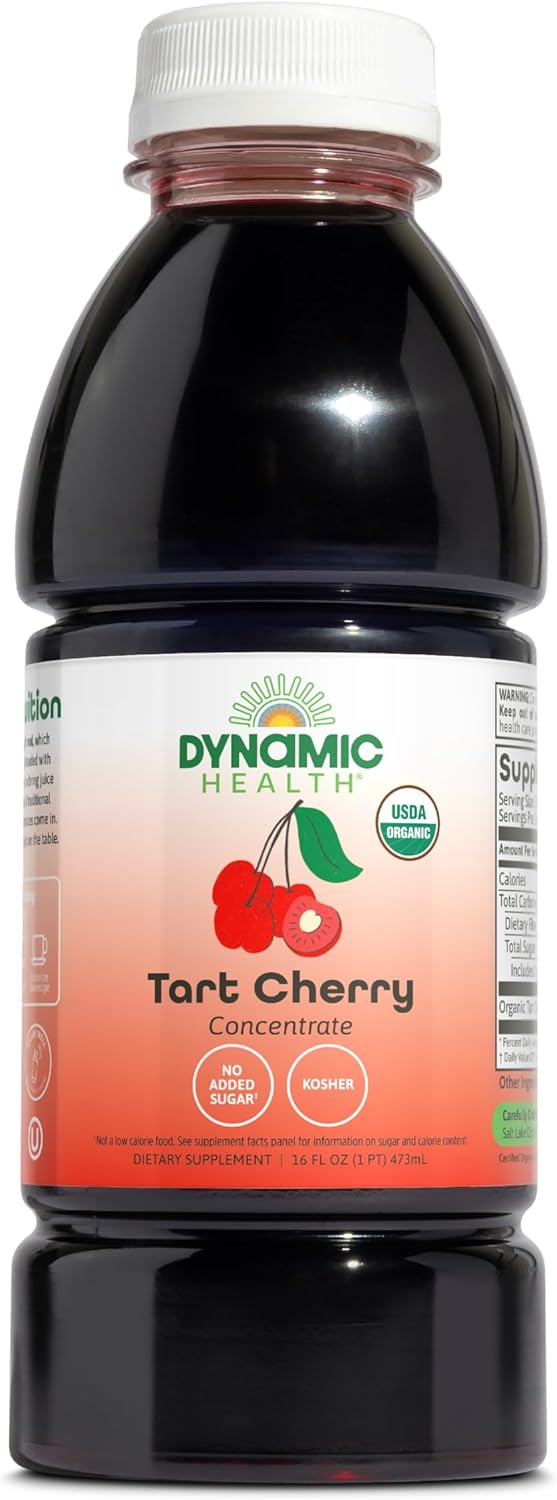 Dynamic Health Organic Tart Cherry Juice, Unsweetened 100% Juice Concentrate, Antioxidants Supplement, No Sweeteners or Additives, Vegan, Gluten Free, BPA Free (16oz)