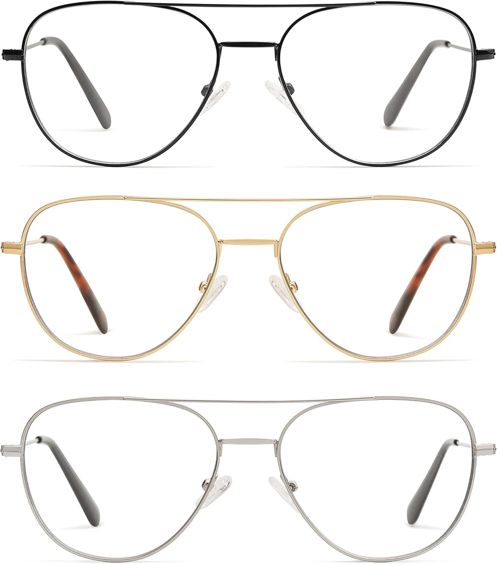 3-Pack Retro Aviator Reading Glasses for Men Women Trendy Square Blue Light Blocking Computer Readers Metal AM6092A