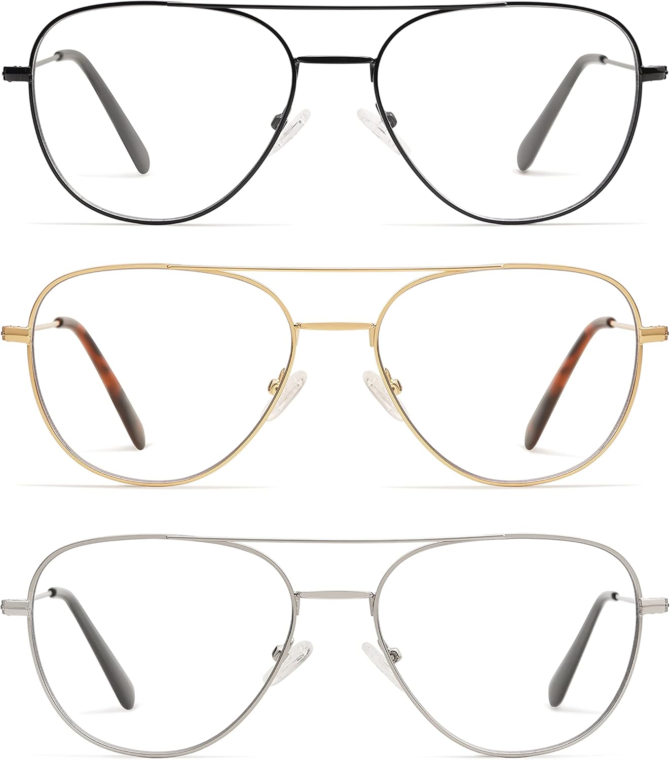 3-Pack Retro Aviator Reading Glasses for Men Women Trendy Square Blue Light Blocking Computer Readers Metal AM6092A
