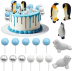 Penguin Cake Decorations Seal Cake Topper Arctic Cupcake Topper Polar Animal Figurines Mini Penguin Themed Cake Toppers Blue White Silver Ball Toppers for Birthday Winter Christmas Party