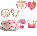 12 Pieces Happy Mother's Day Cake Toppers Thanks Mom Best Mom Ever We Love Mom Mothers Day Cake Picks with Heart Flowers Tulip Carnation Signs Mother's Day Party Cake Decorations Supplies