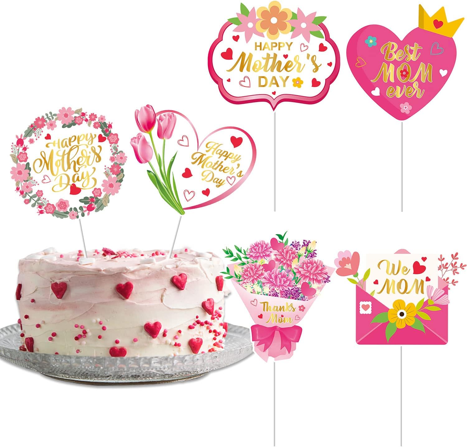12 Pieces Happy Mother's Day Cake Toppers Thanks Mom Best Mom Ever We Love Mom Mothers Day Cake Picks with Heart Flowers Tulip Carnation Signs Mother's Day Party Cake Decorations Supplies