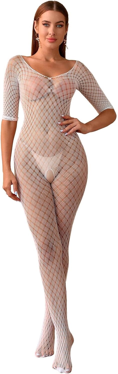 Women's Sexy Fishnet Stocking Lingerie Hollow Nightwear Semi Naked Back Tights Cut Out Shapewear Mesh Bodysuit