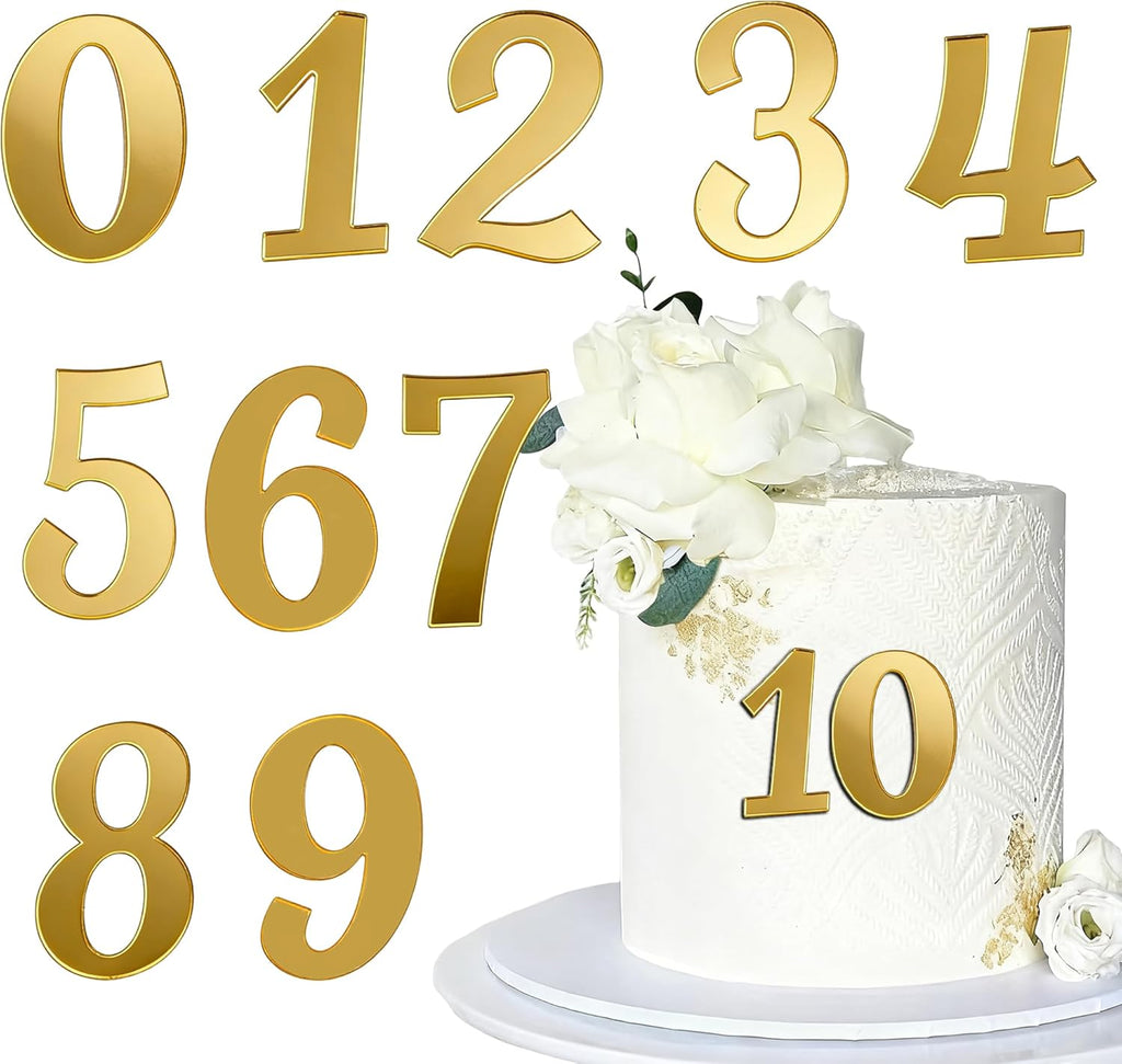 10 Pcs Gold Acrylic Number Cake Toppers for Birthday Party Wedding Anniversary, 0-9 Number Cupcake Decoration Sets for Birthday Cake Toppers Wedding Baby Shower