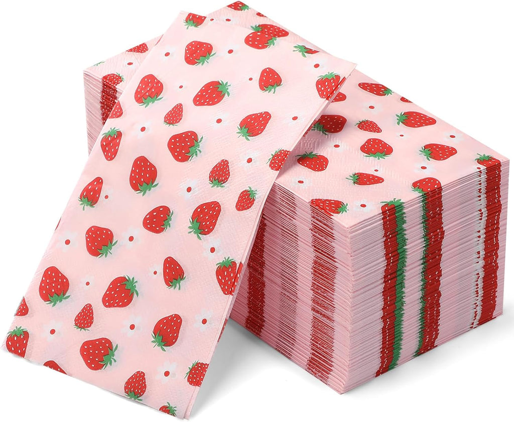 Janlaugh 100 Pcs Strawberry Paper Napkins Set Disposable Summer Fruit Paper Napkins Pink for Berry Sweet Strawberry Decoration Catering Event Birthday Summer Party Supplies