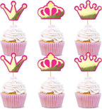Ercadio 24 Pack Princess Crown Cupcake Toppers Glitter Baby Shower Crown Cupcake Picks Wedding Girls Birthday Party Cake Decorations Supplies Crown Pink