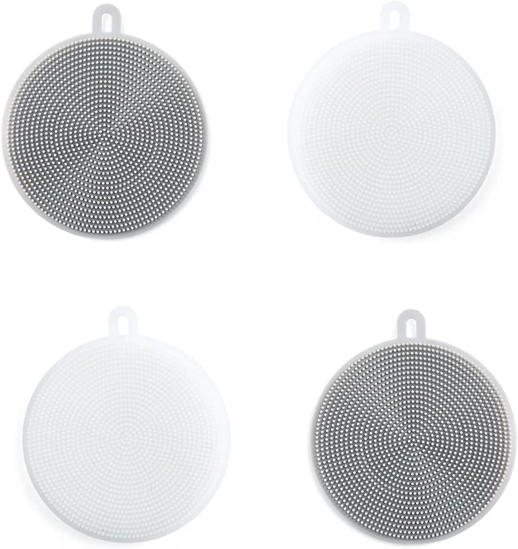 4PCS Silicone Dish Scrubber, Multipurpose Round Silicone Sponges Reusable Dish Brush Dish Brush for Kitchen Dish Dishes Fruits Vegetables(Gray+White)