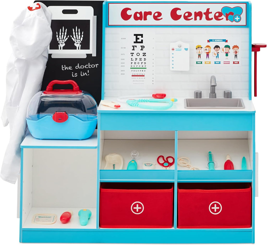 Best Choice Products Pretend Play Doctor's Office, Wooden Medical Center Toy Set for Kids w/Carrying Case, All Accessories Included, Height Measurer, 2-Piece Costume - Blue
