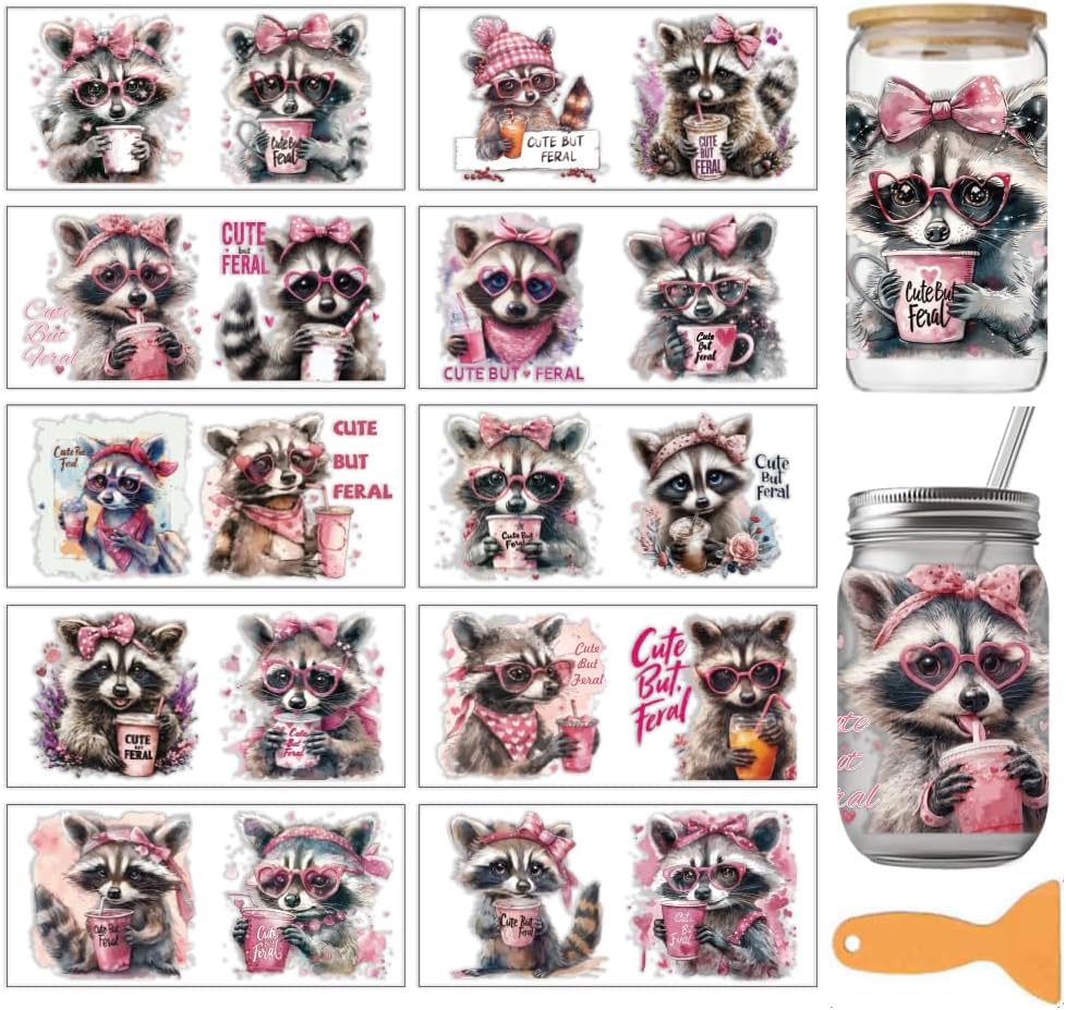 arricraft 10 Sheets Raccoon UV DTF Cup Wrap, 10 Styles Pink Raccoon Cute Animal Rub on Transfers PVC Paper Waterproof Rub Decals for DIY 16OZ Glass Cups Furniture Wood Crafts