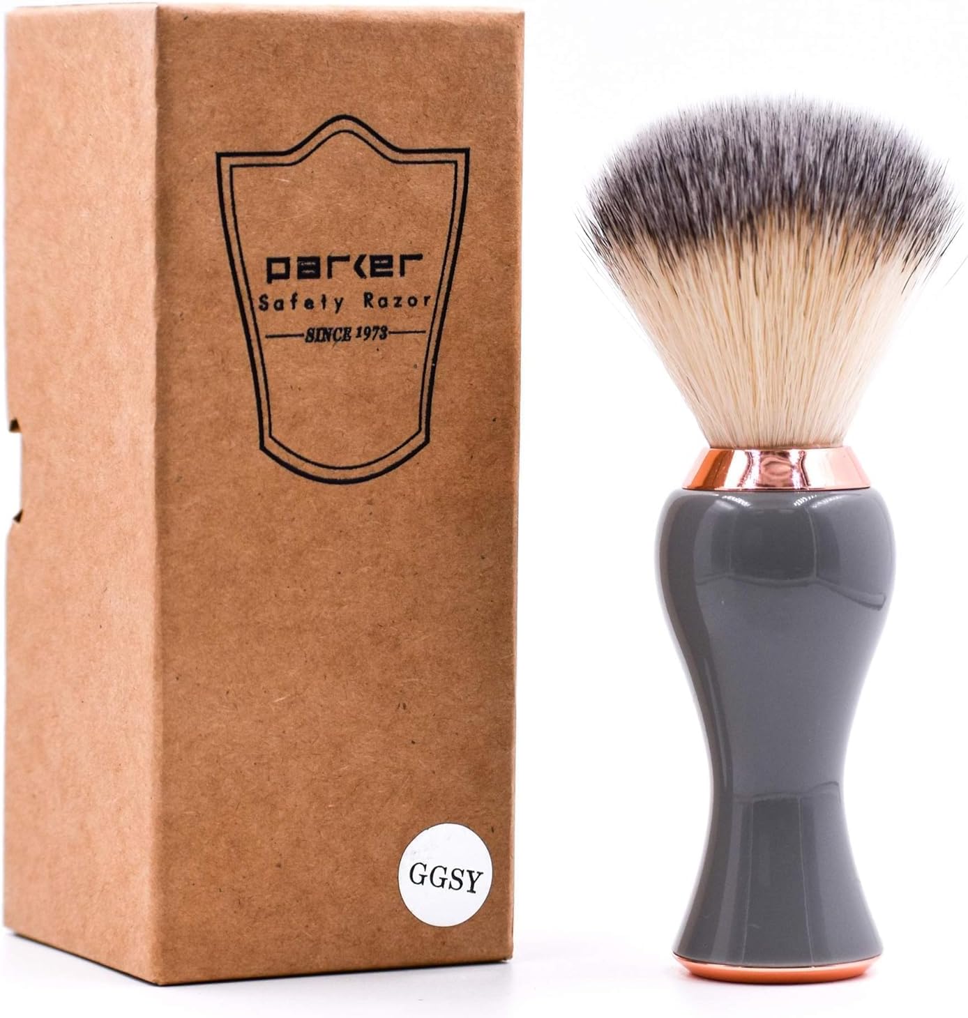Parker Premium Synthetic Bristle Shaving Brush with Stand - Super Soft Bristles for Sensitive Skin - Deluxe Gray and Rose Gold Handle - Shaving Brush for Men & Women