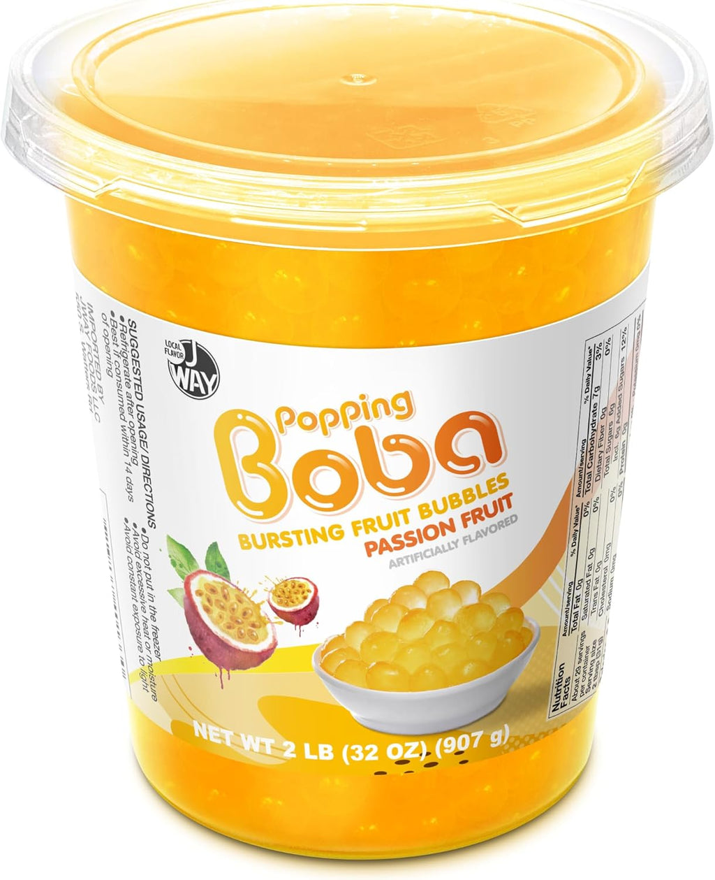J WAY Bursting Popping Passion Fruit Boba Pearls, Passion Fruit Syrup, Non-Dairy, Fat-Free Popping Tapioca Boba for Beverages, Sweets, Ice Cream (2LB, 1 Pack)