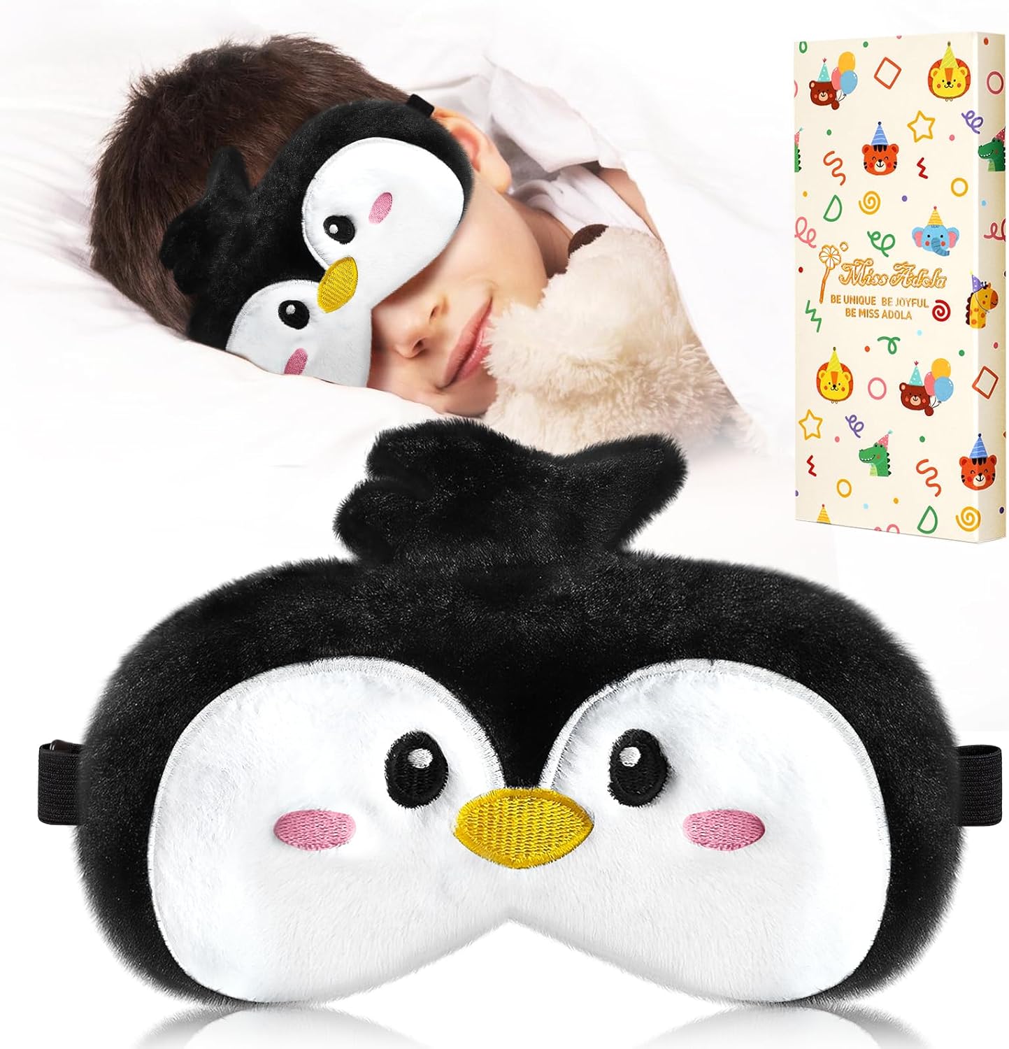 Miss Adola Sleep Mask for Kids - Valentines Gift for Kids Cute Plush Fuffy Sleeping Eye Cover Kawaii Soft Eyeshade Animal Eye Blindfold for Girls Boys Teens with Adjustable Strap, Penguin