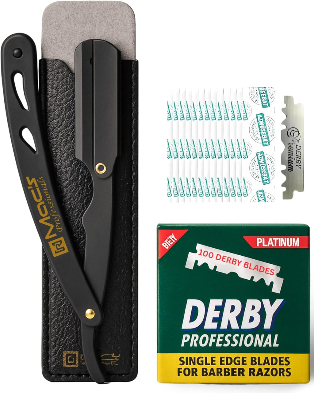Professional Straight Razor for Men Barber Straight Edge Razor with Derby Blades and Pouch. Stainless Steel Shavette Razor for Men – 100 Pack for Smooth, Precise Shaving
