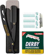 Professional Straight Razor for Men Barber Straight Edge Razor with Derby Blades and Pouch. Stainless Steel Shavette Razor for Men – 100 Pack for Smooth, Precise Shaving