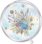 Round Pill Case Small Pill Box with Mirror Pocket 3 Compartment Vitamin Pill Medicine Case Organizer Pill Containers for Traveling Blue Dried Flowers