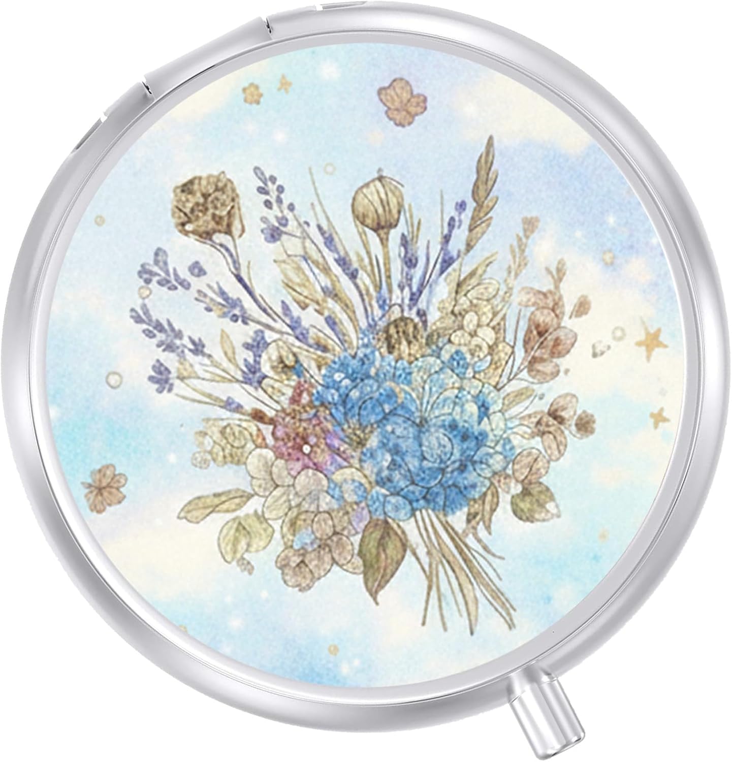 Round Pill Case Small Pill Box with Mirror Pocket 3 Compartment Vitamin Pill Medicine Case Organizer Pill Containers for Traveling Blue Dried Flowers