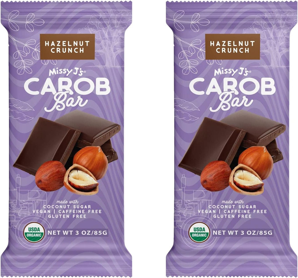 Missy J's Organic Carob Bars Hazelnut 2 Pack | Carob Made w/Coconut Sugar, Vegan and Gluten-Free | Healthy Caffeine Free Substitute for Chocolate, Perfect for Snacks and Treats