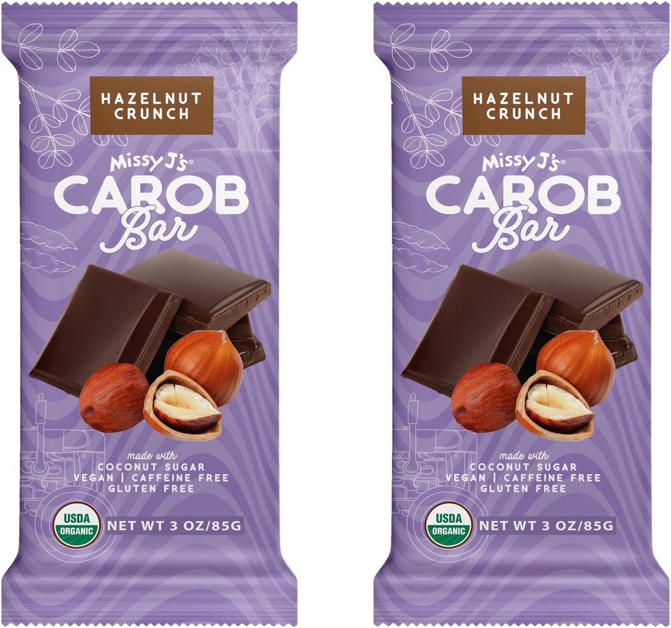 Missy J's Organic Carob Bars Hazelnut 2 Pack | Carob Made w/Coconut Sugar, Vegan and Gluten-Free | Healthy Caffeine Free Substitute for Chocolate, Perfect for Snacks and Treats