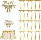 Bow Cake Topper,12 PCS Ribbon Cake Topper with 1PC Happy Birthday Sign for Coquette Birthday Party Decorations,Bowknot Cake Decorations Accessory for Women (Gold)