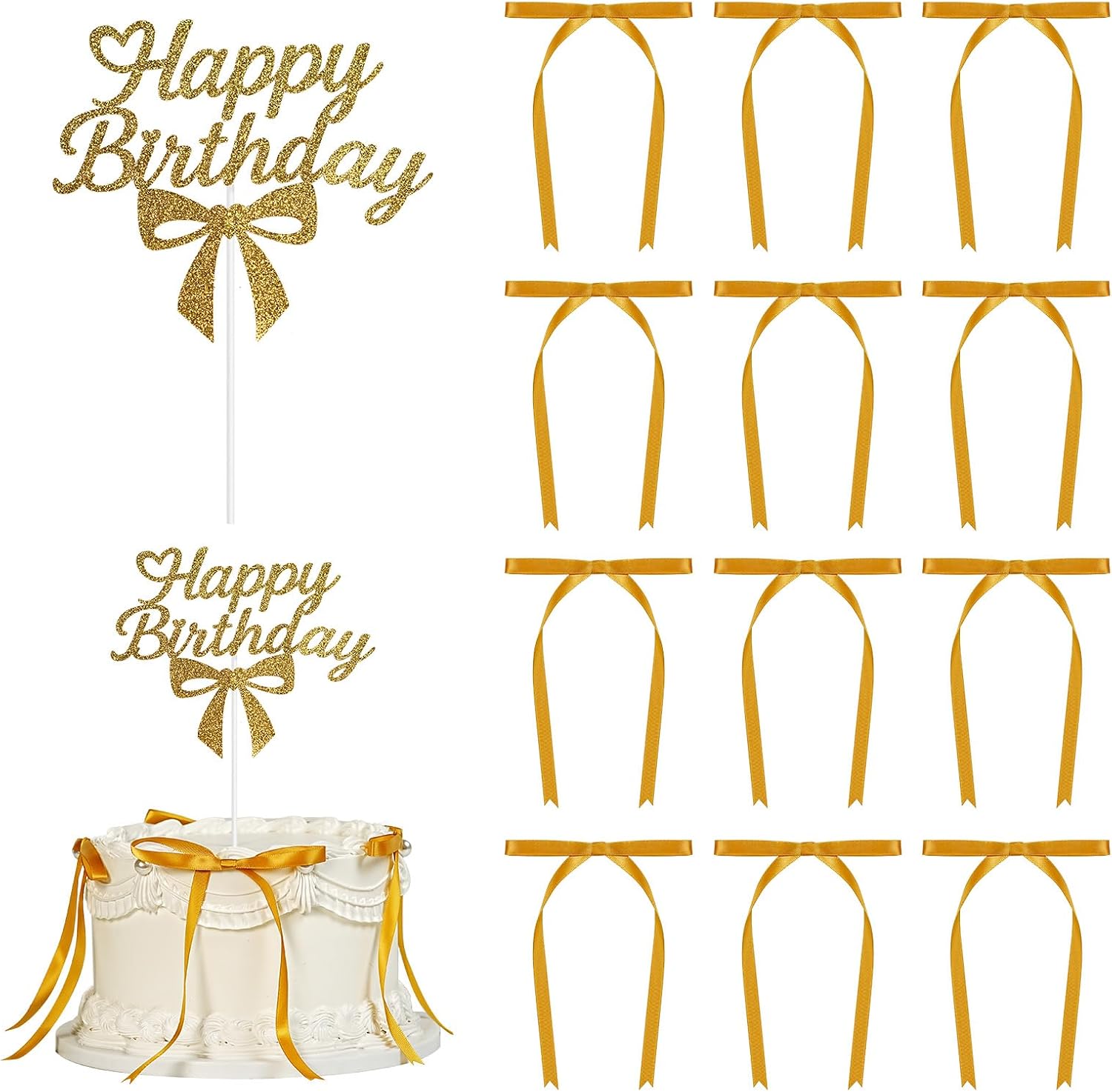 Bow Cake Topper,12 PCS Ribbon Cake Topper with 1PC Happy Birthday Sign for Coquette Birthday Party Decorations,Bowknot Cake Decorations Accessory for Women (Gold)