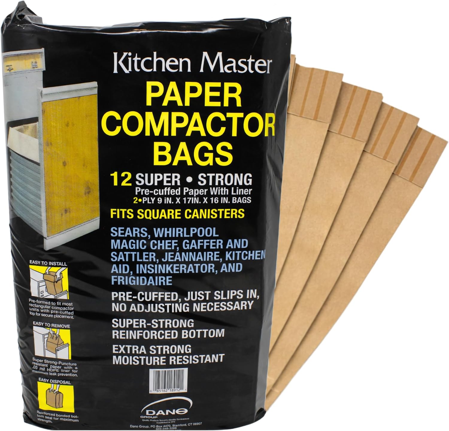 Kitchen Master Super Strong Compactor Bags (12 Pack) | Precuffed, Garbage Compactor Bags, Kitchen Liner, Paper Trash Bin Press, Kitchen Essential, Paper Garbage Press Liner