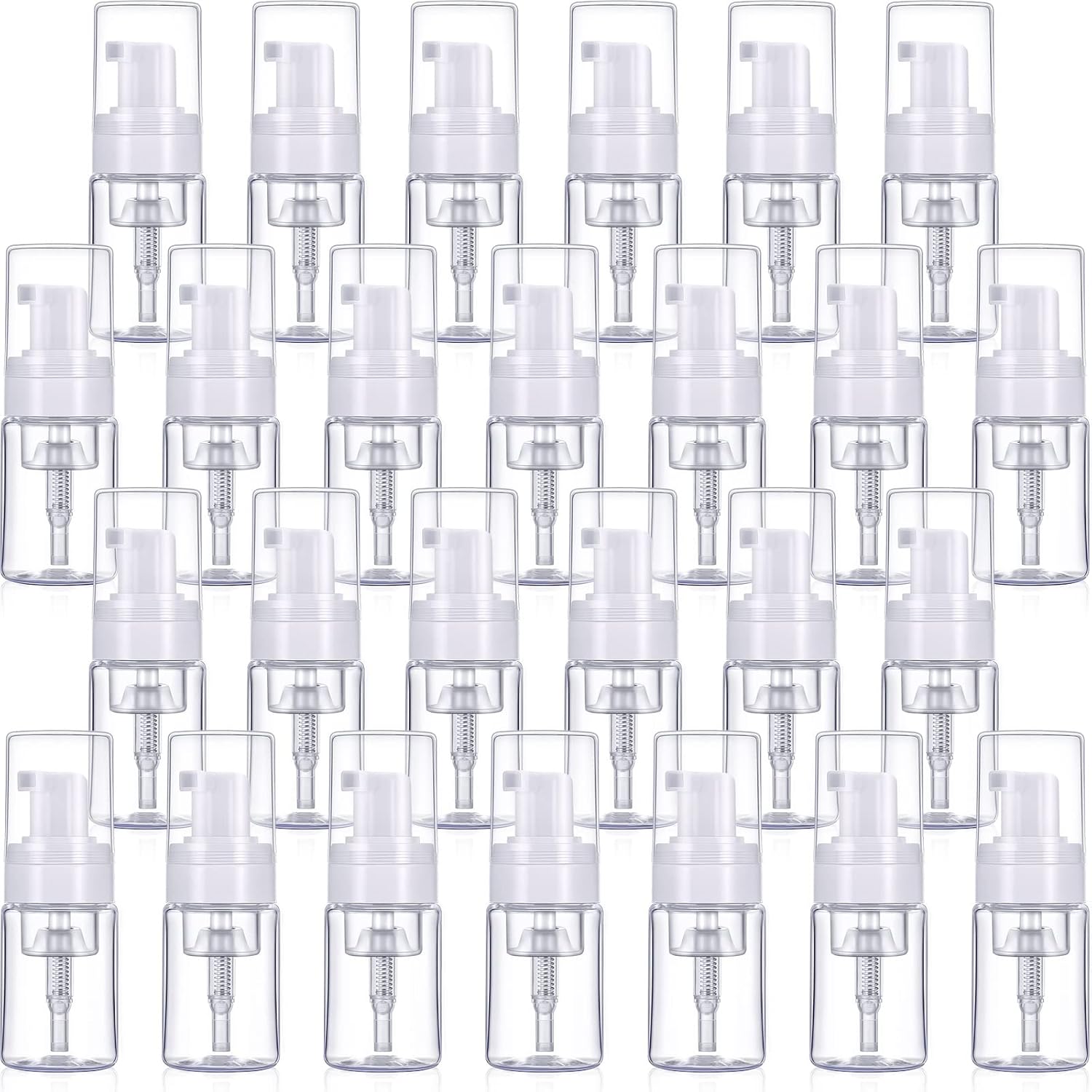 50 Pack Foam Pump 1oz/30ml Refillable Dispenser Travel Size Plastic Mini Bottle for Lash Shampoo, Cleaning, Cosmetics - Portable Clear Foaming Packaging