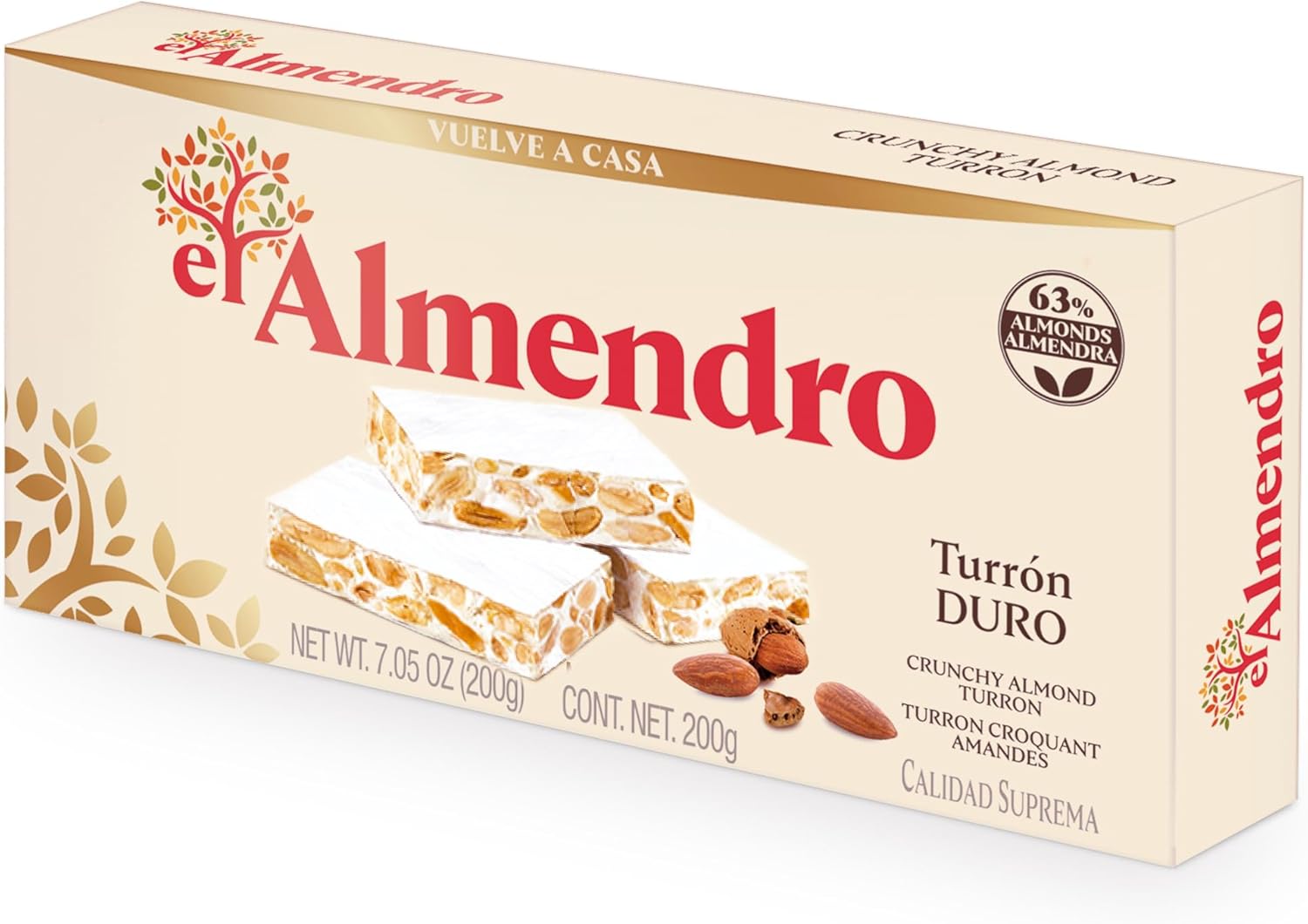 El Almendro Turrones, Turron Duro Nougat Christmas Candy, Crunchy Almond Torrone From Spain, Traditional Spanish Brittle Holiday Dessert, Gluten Free, 1 Box, 7.05 oz.