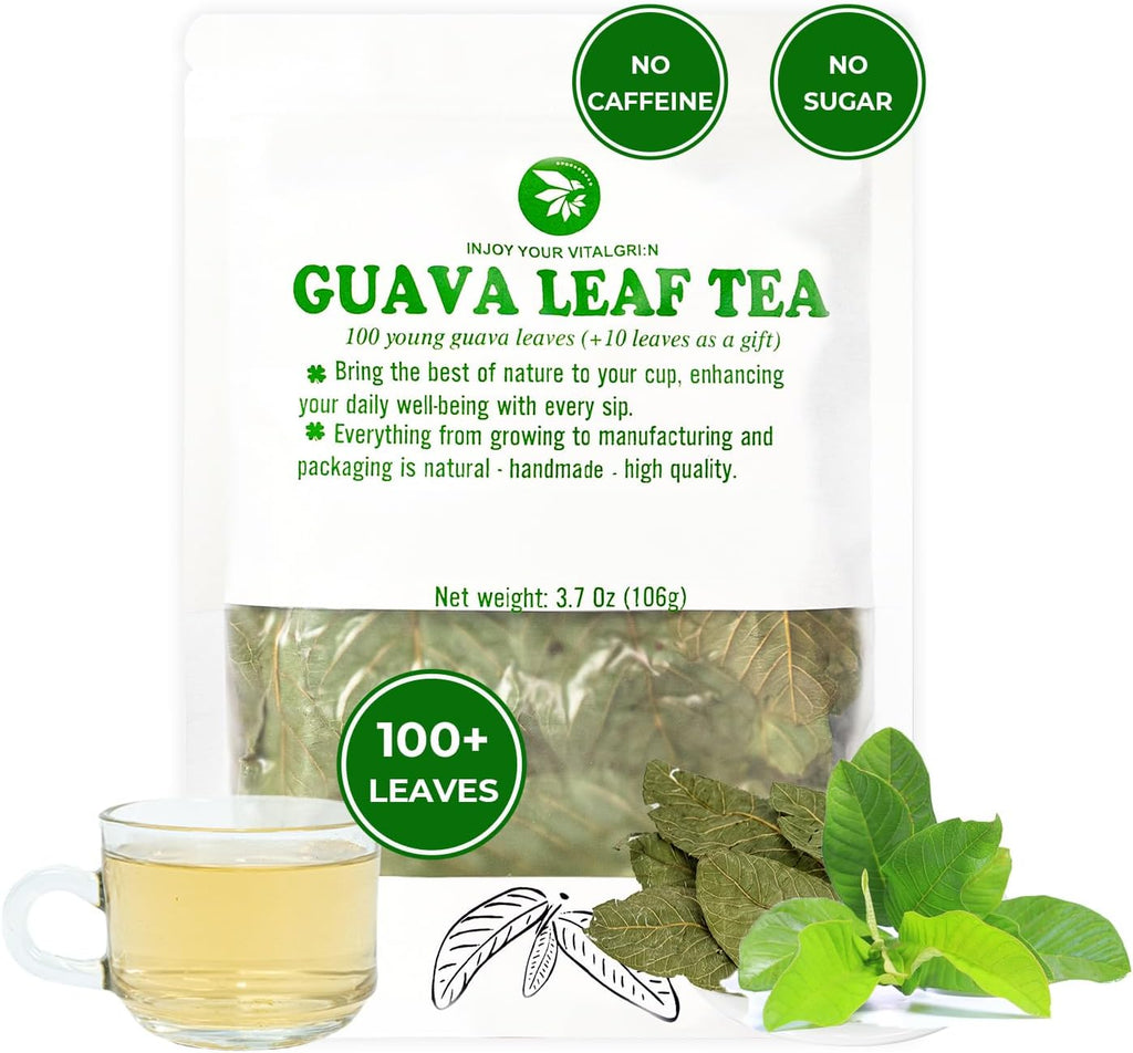 Young Guava Leaf Tea - 100+ Dried Whole Leaves (+up to 20 Leaves), 3.39 oz, Hojas de Guayaba, Caffeine Free, No Sugar Added, Vacuum Sealed, Pure & Handpicked, Herbal Tea for Relaxing, Makes 30+ Cups