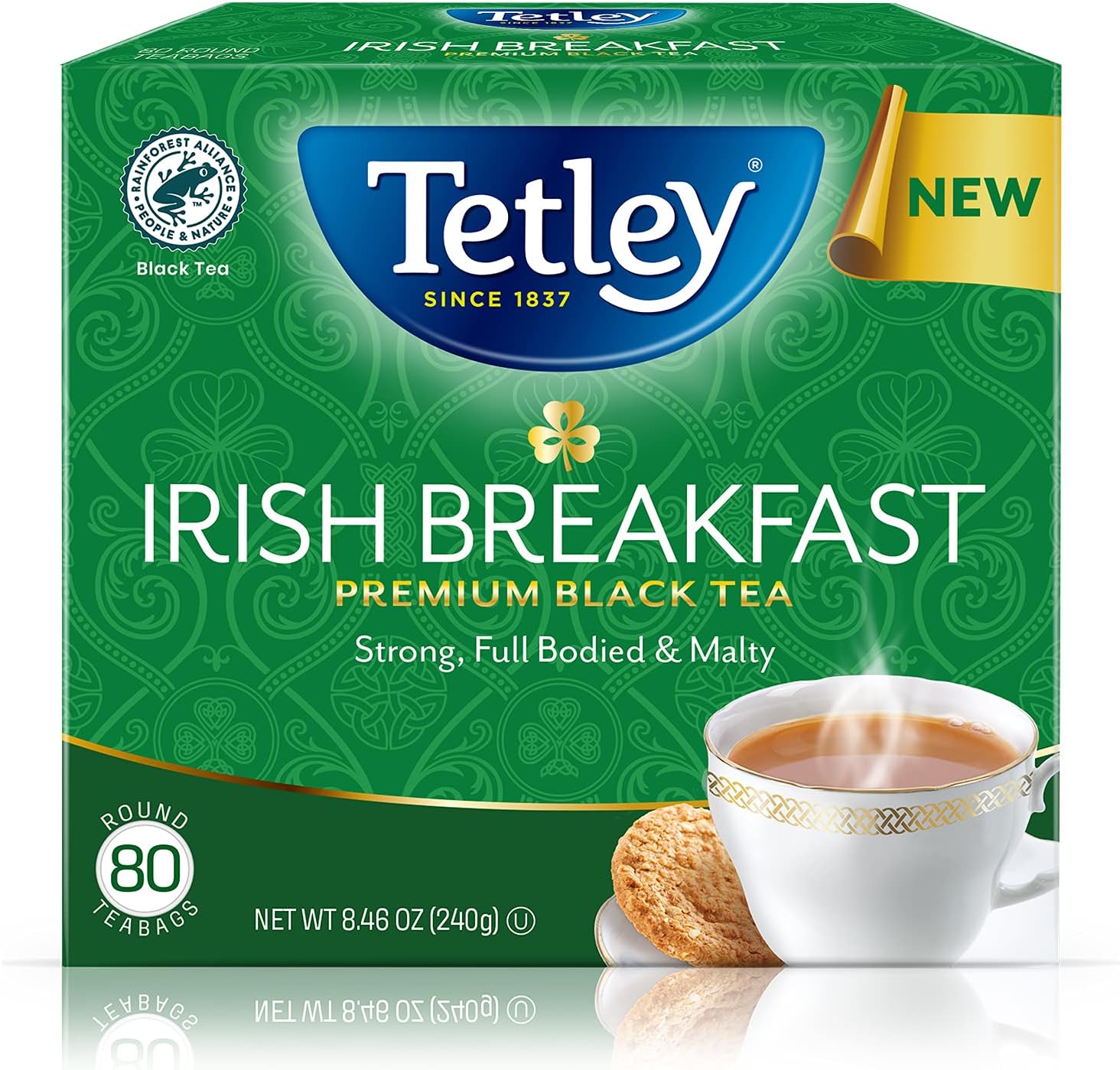 Tetley Irish Breakfast Premium Black Tea, 80 Tea Bags, Rainforest Alliance Certified