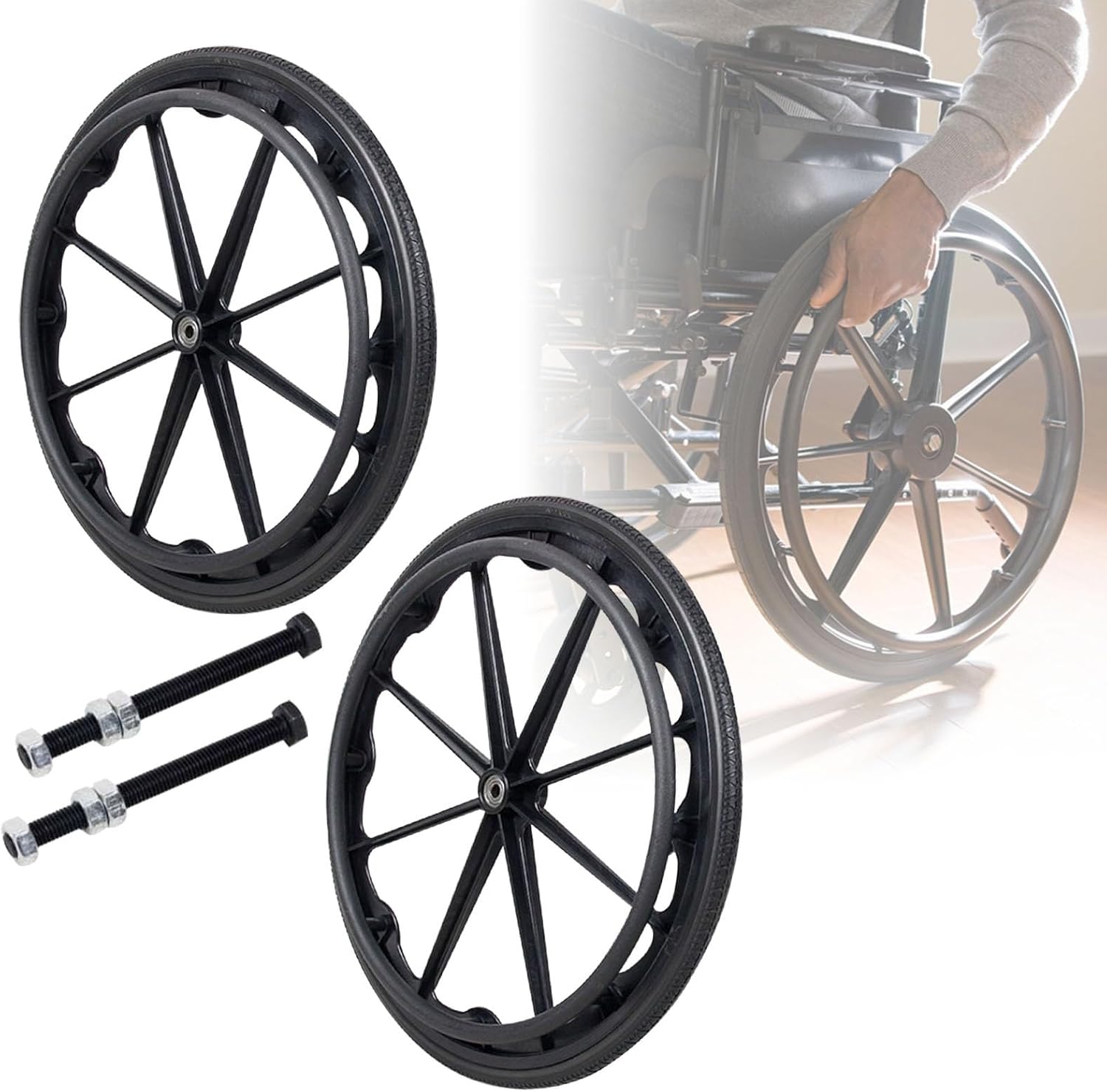 WORDFUN 2pcs Solid Wheel Replacement for Wheelchairs Walker, Wheelchair Rear Wheel, WearResistant and Non-Slip, Solid PU Wheel with Bearing, for Handicapped Manual Wheelchairs