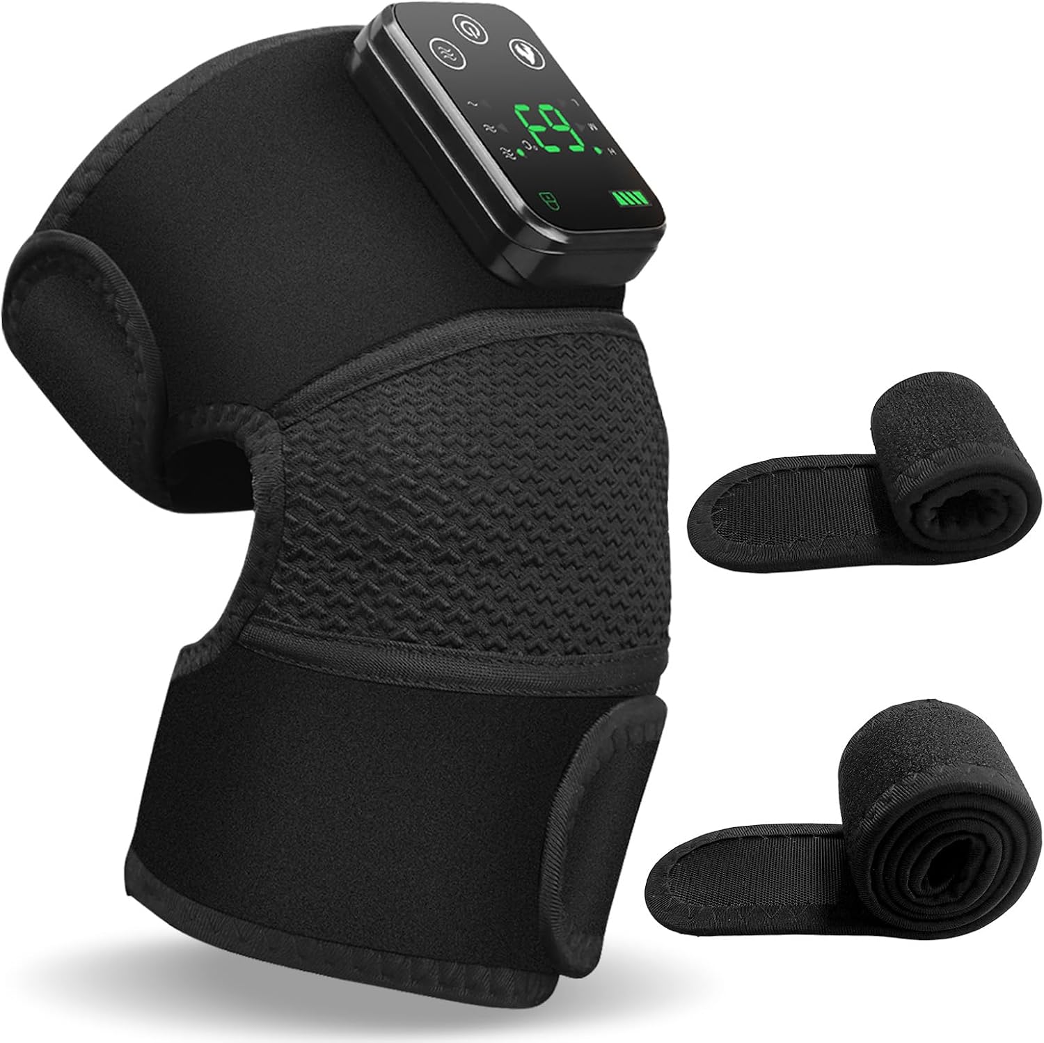 Cordless Knee Massager with Heat and Vibration for Pain Relief - Electric Heated Knee Brace Wrap with 3 Heat Levels & 3 Massage Modes, Portable Arthritis Joint Therapy for Men & Women (Black, Single)