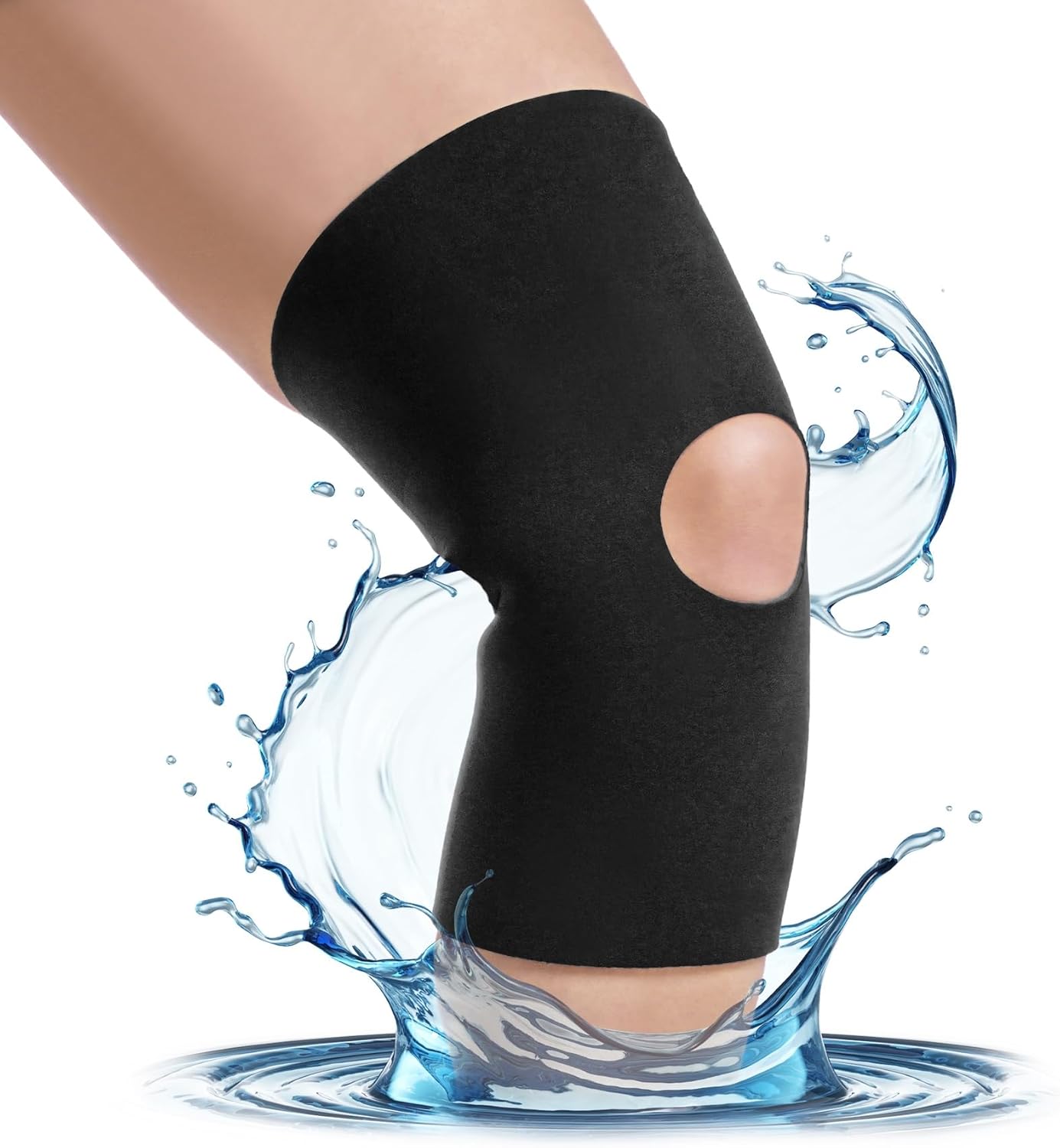 BraceAbility Open Patella/Open Back Neoprene Knee Sleeve | Water-Resistant Athletic Compression Knee Brace for Swimming, Wakeboarding, Scuba Diving, Surfing, Waterskiing and Other Sports (Large)