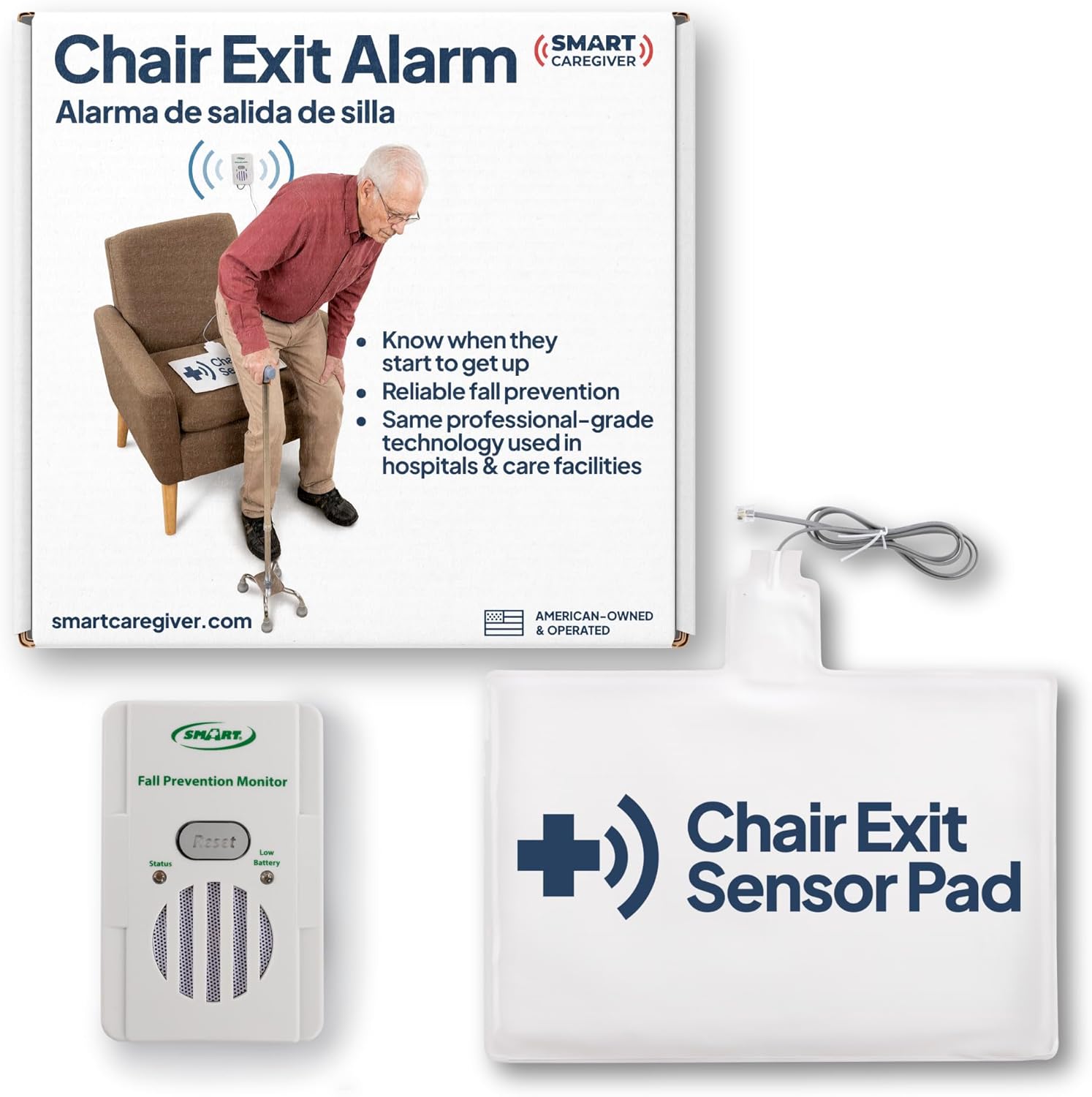 Smart Caregiver Fall Prevention Monitor and Weight Sensing Chair Pad - Alerts Caregiver When They Get Up from Chair - Chair Exit Alert for Elderly - 1 Year Warranty