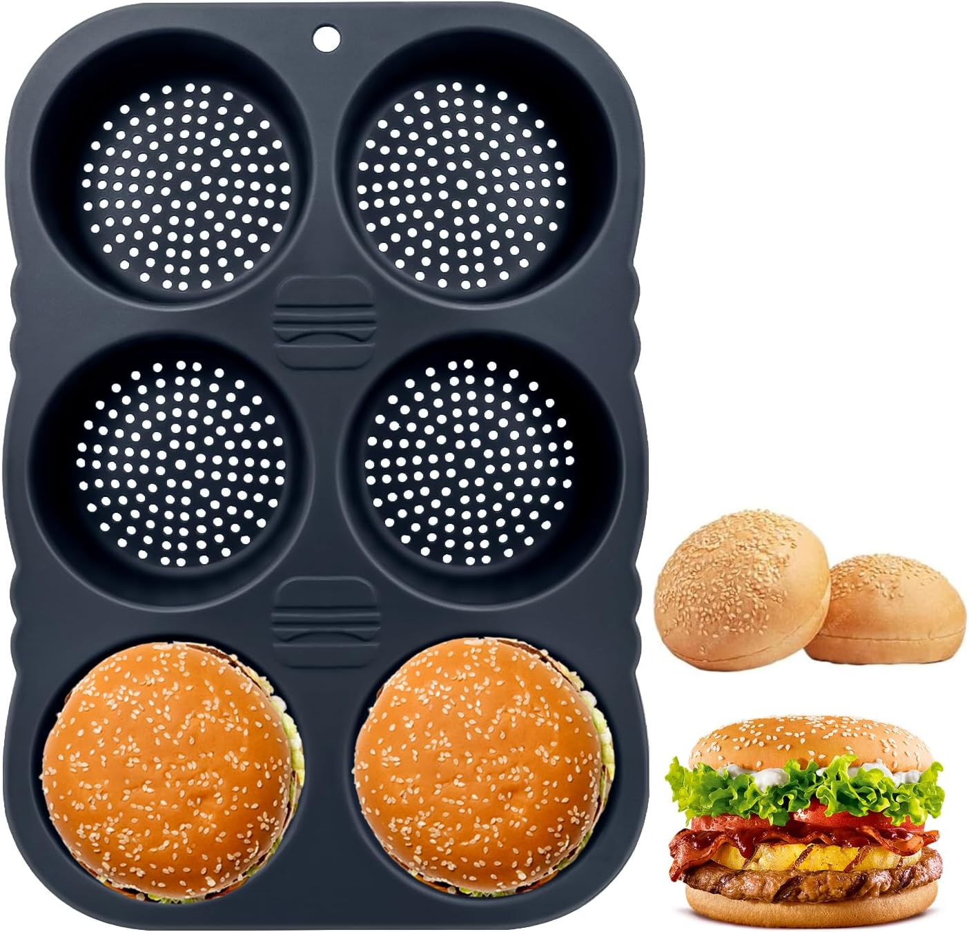 Hamburger Bun Pan,6 Cavity Silicone Hamburger Bread Mold,Non-Stick Heat-Hamburger Bun Mold,Food-Safe Silicone Hamburger Bun Pans for Baking Hamburger Bun hot dog bun pan