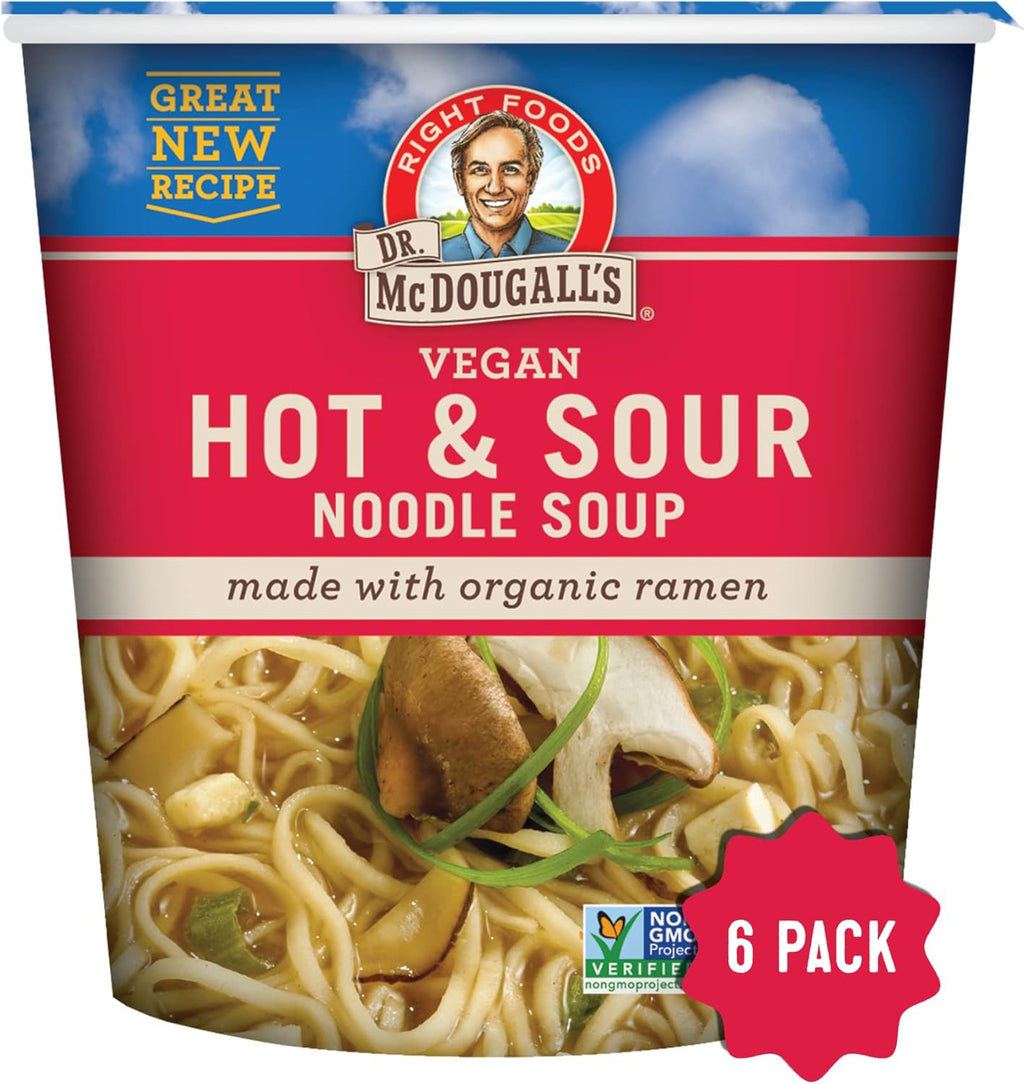 Dr. McDougall's Hot and Sour Vegan Ramen Soup - Spicy Instant Ramen Noodle Cups - Non-GMO Instant Hot Noodles - Oil-Free Soup 1.9 Ounces - Pack of 6