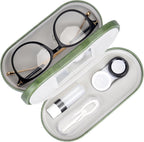 Muf 2 in 1 Contact Lens Case and Glasses Case, Double Sided Design with Mirror, Portable Travel Kit with Tweezer, Remover and Solution Bottle, Green