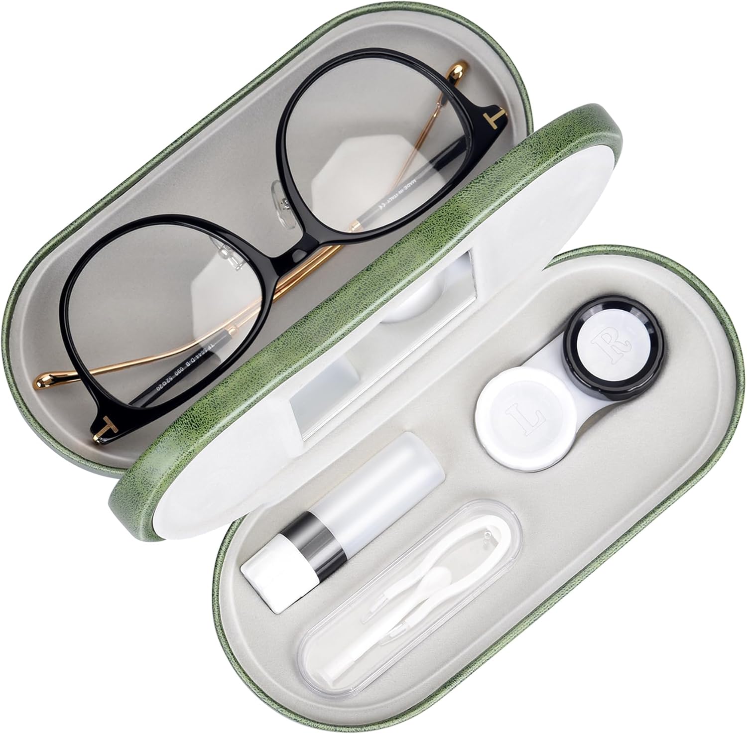Muf 2 in 1 Contact Lens Case and Glasses Case, Double Sided Design with Mirror, Portable Travel Kit with Tweezer, Remover and Solution Bottle, Green
