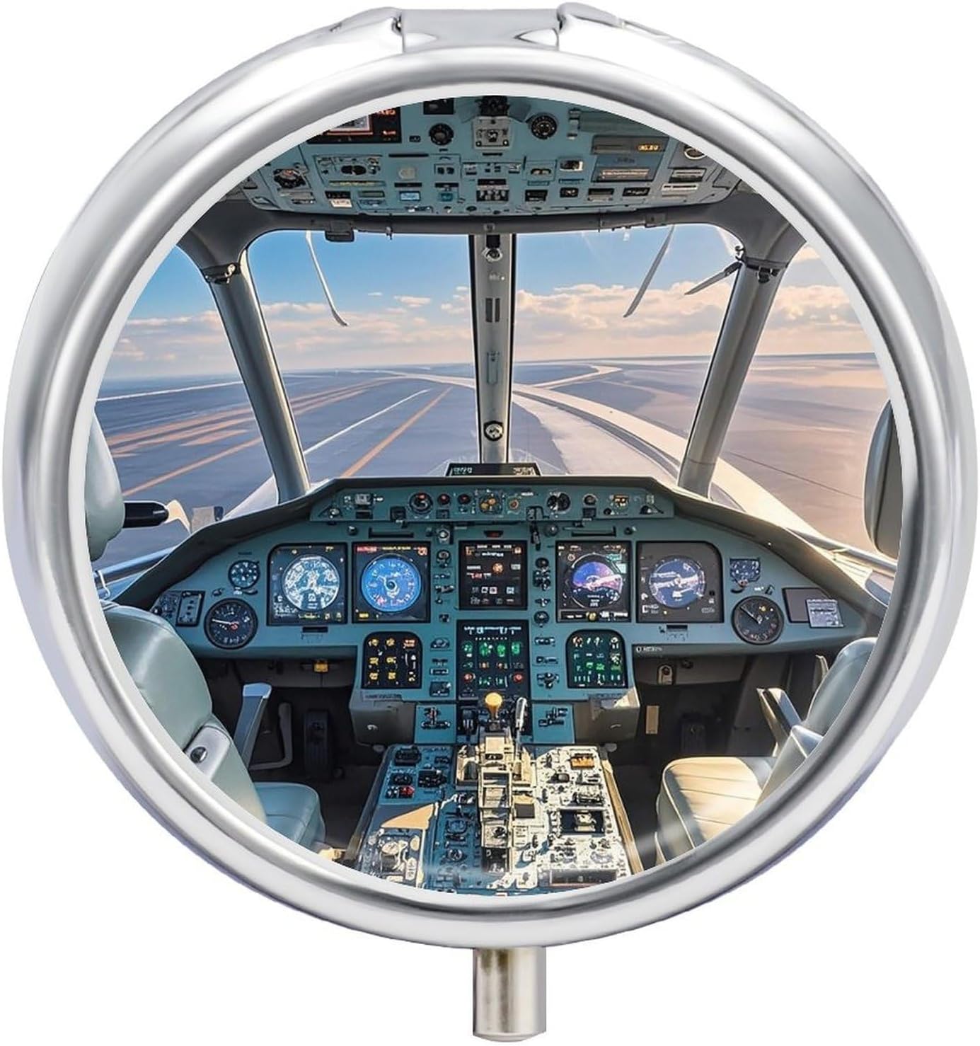 Airplane Cockpit Pill Organizer Portable Metal Round Pill Box with 3 Compartments Exquisite Unique Small Pill Case Travel Pill Container Medicine Organizer Box for Adult & Gift