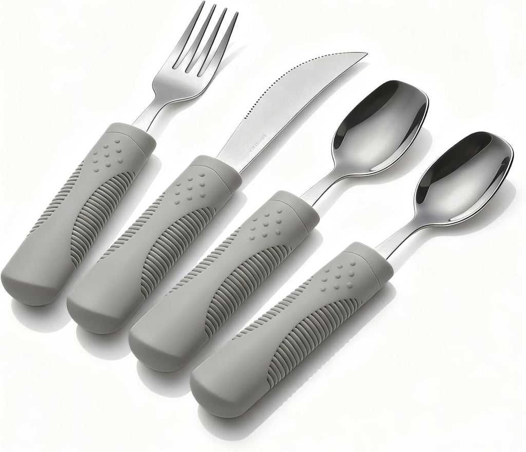 5 oz Weighted Adaptive Utensils Set with Rocker Knife - Balanced Weighted Silverware for Parkinson's Disease, Moderate Hand Tremors & Essential Tremor, Ergonomic Grip Handles (Grey)