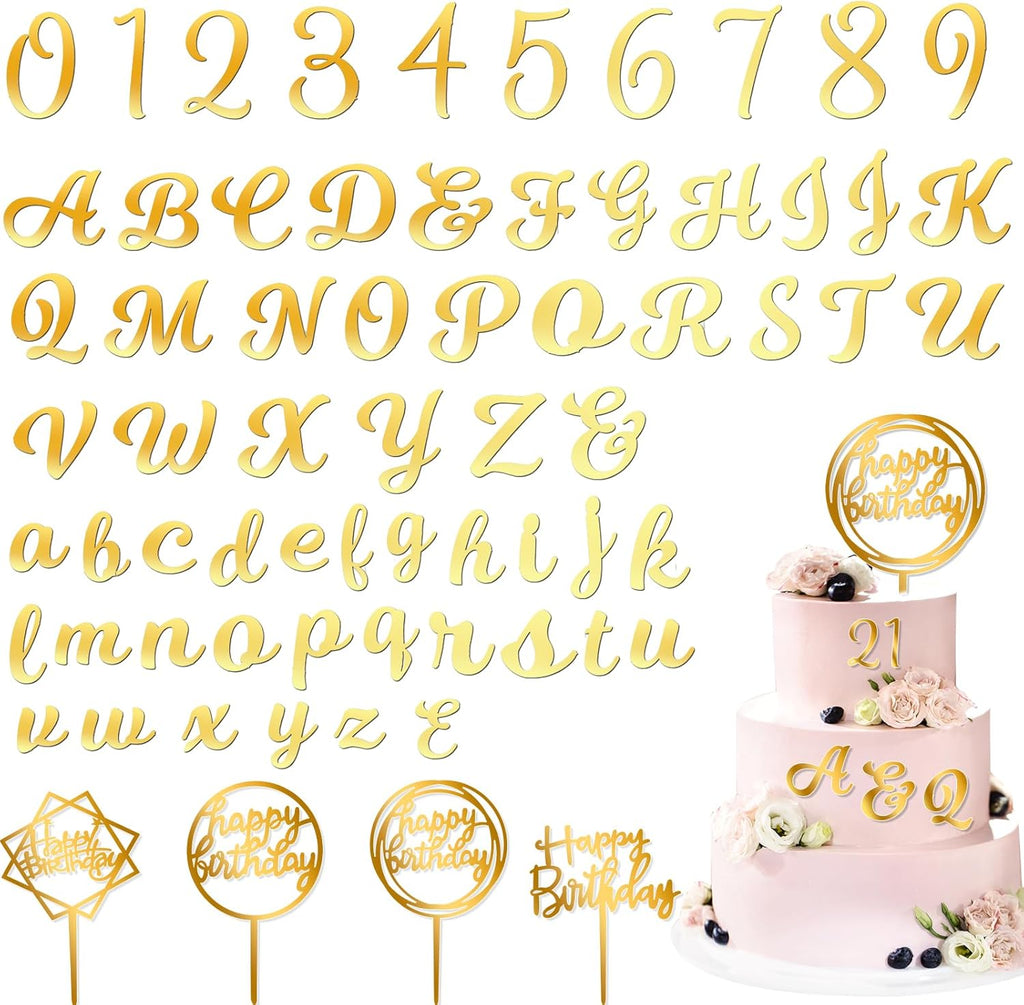Teenyyou 68 Pcs Acrylic Alphabet Number Cake Topper 0-9 Number and A-z Letters Personalized Cake Picks Decor DIY Name Cupcake Toppers Christmas Wedding Baby Shower Party(Gold)