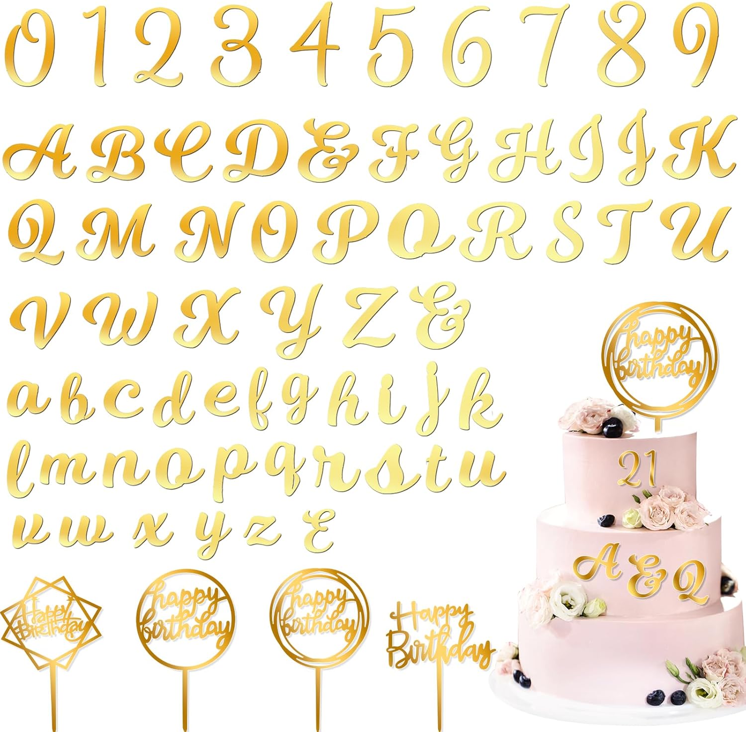 Teenyyou 68 Pcs Acrylic Alphabet Number Cake Topper 0-9 Number and A-z Letters Personalized Cake Picks Decor DIY Name Cupcake Toppers Christmas Wedding Baby Shower Party(Gold)