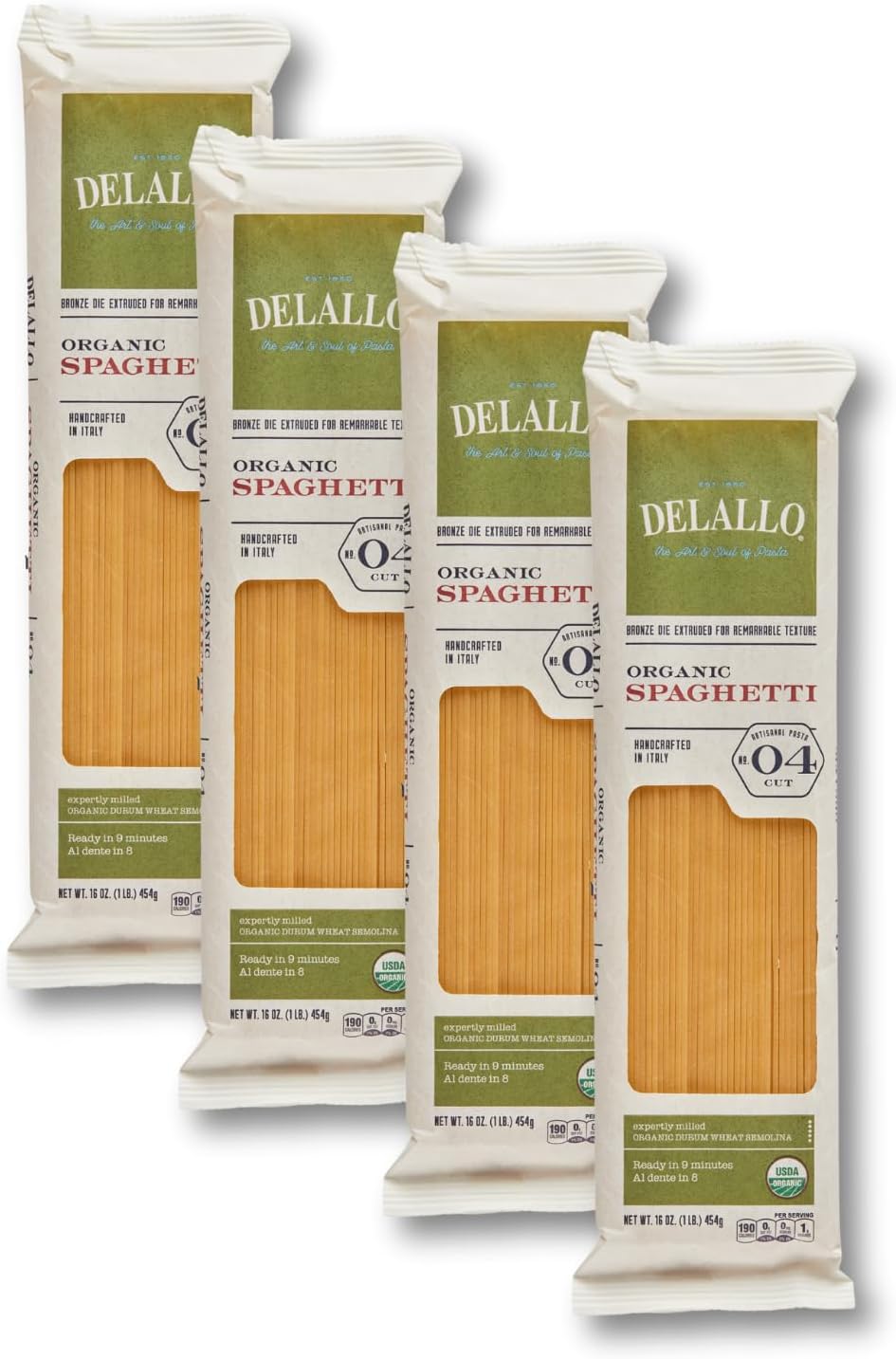 DeLallo Organic Spaghetti Pasta, Made in Italy with 100% Certified Organic Semolina Durum Wheat Flour, Bronze Cut, Non-GMO, Kosher, Vegan, 1 Pound Bag, (4 Pack)