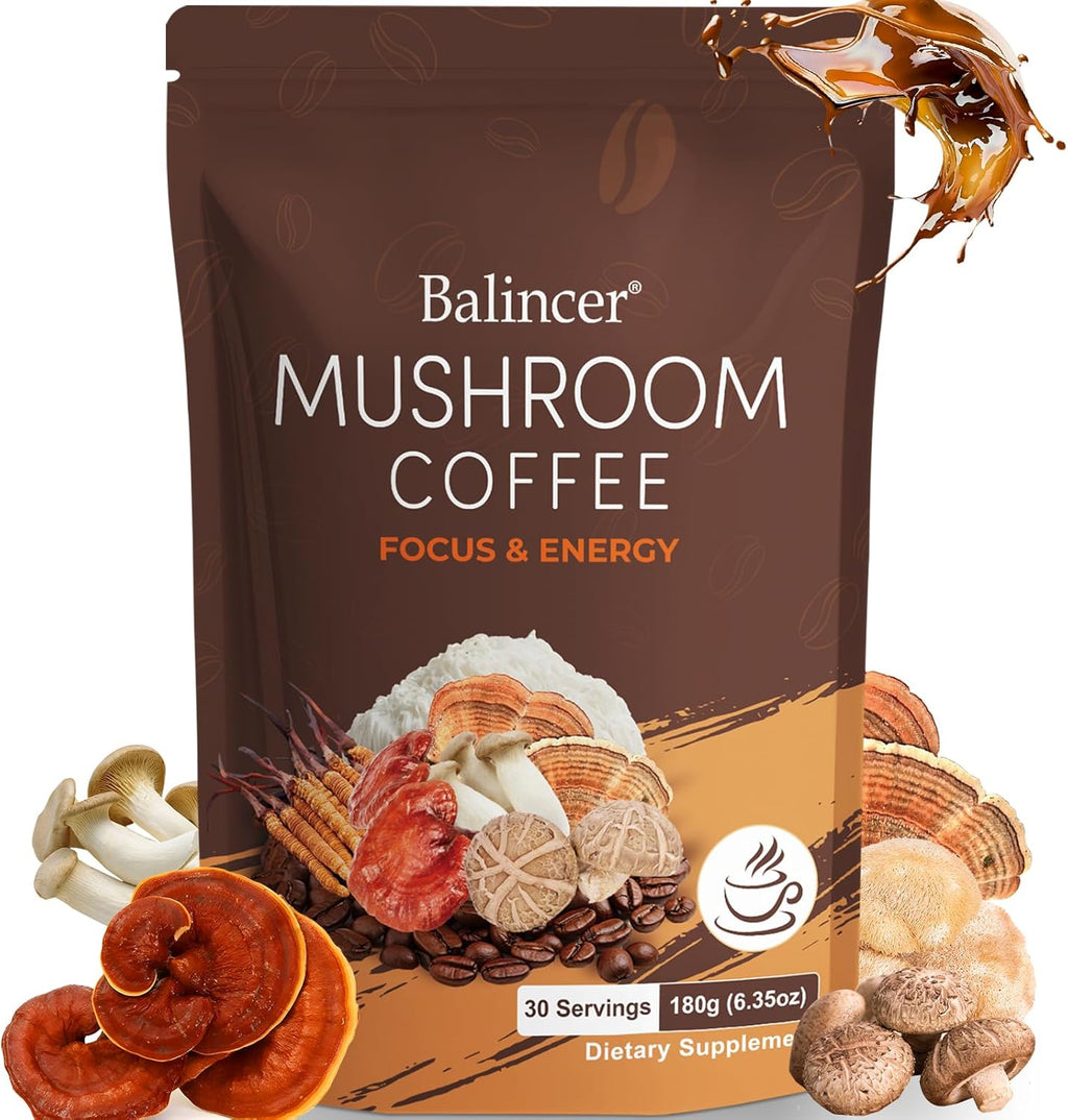 Mushroom Coffee, 6 Adaptogenic Mushrooms with Lion's Mane, Cordyceps, Turkey Tail & More, Instant Mushroom Coffee for Focus, Energy, Immune & Digestion Support