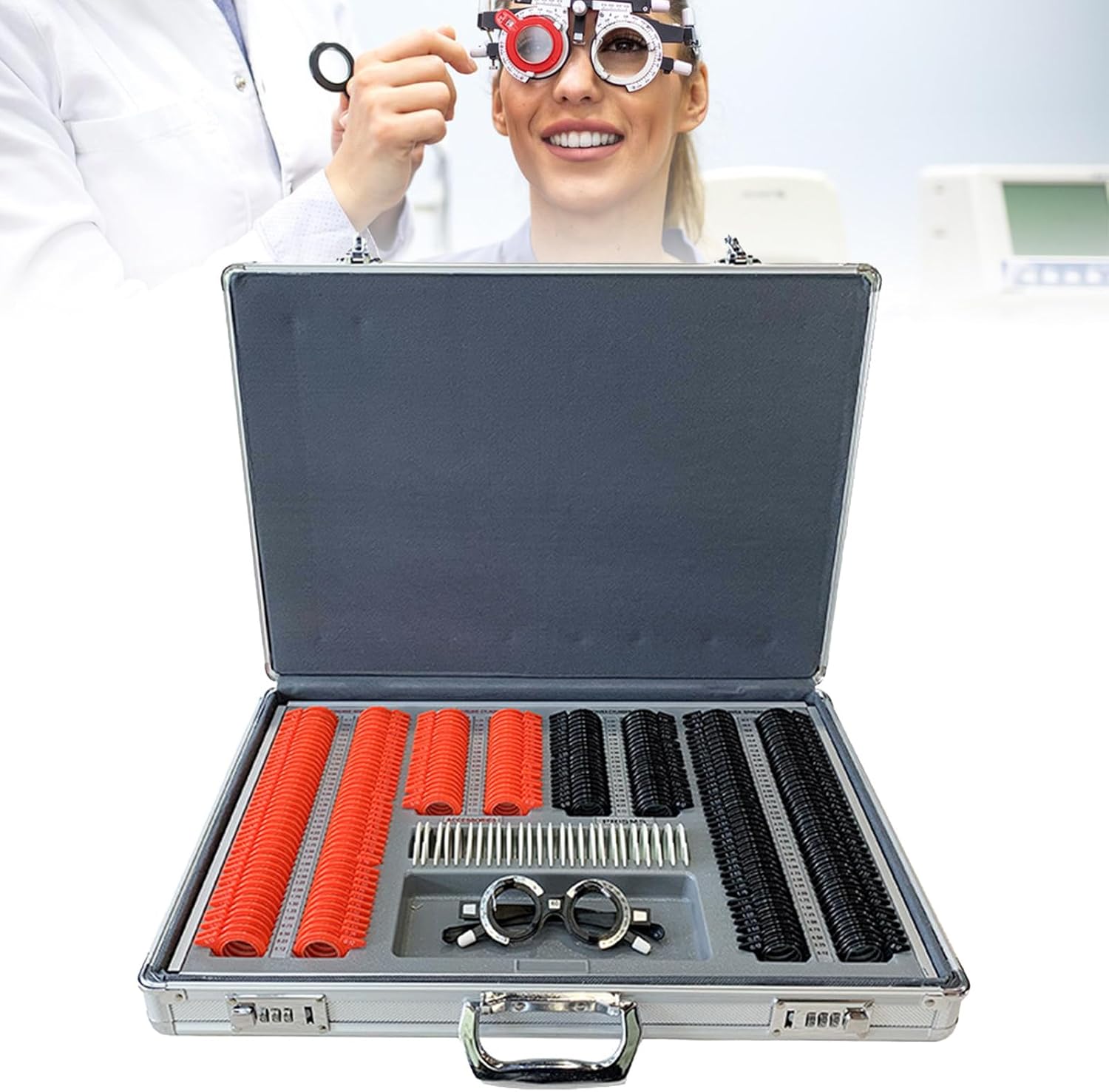 266 PCS Precision Optical Lens Optometry Kit, Trial Lens Set Optical, with Metal Rim Wood Frame Aluminum Box, for Optometrists, Vision Testers, and Household Use