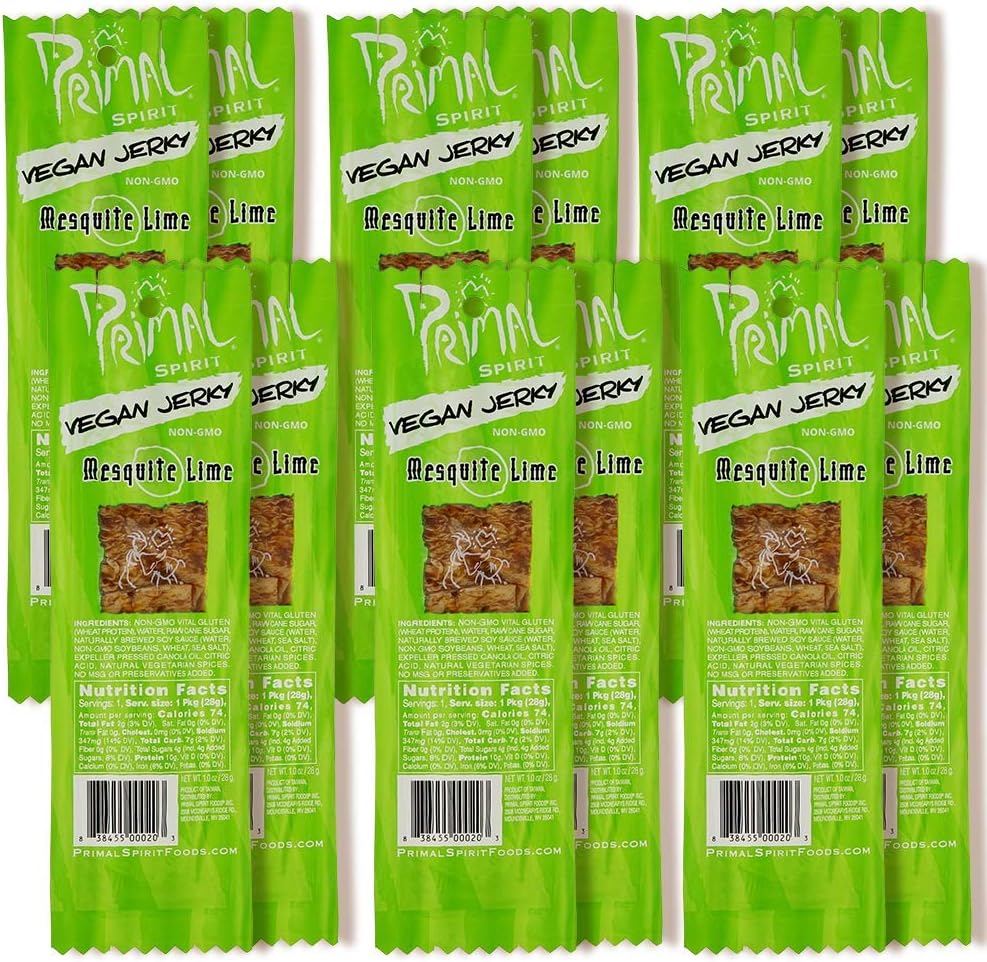 Primal Spirit Vegan Jerky – “Classic Flavor” – Mesquite Lime, 10 g. Plant Based Protein, Certified Non-GMO, No Preservatives, Sports Friendly Packaging (12 Pack, 1 oz)
